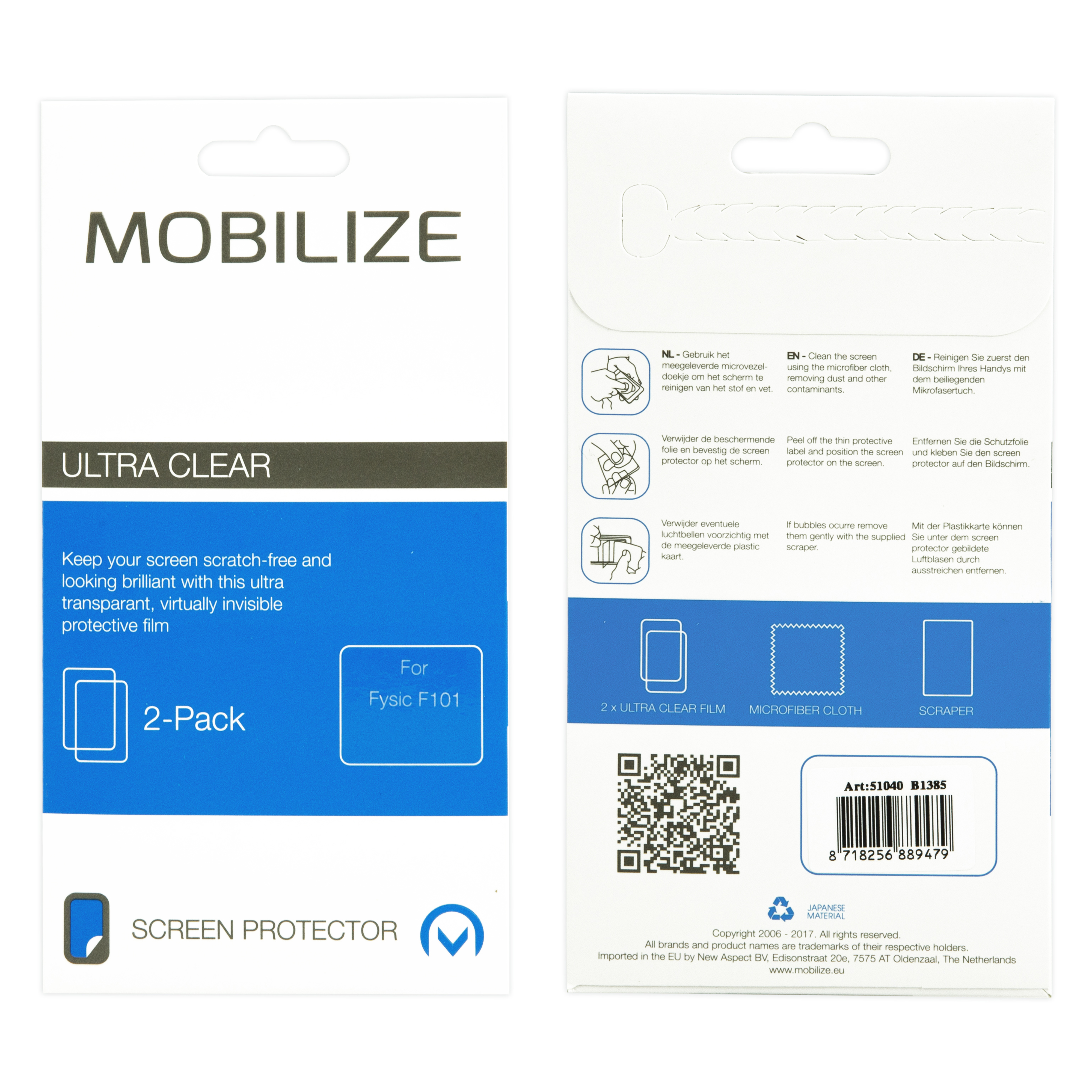 Pack de protection d'écran Mobilize. Inclut film, chiffon microfibre et racloir. Instructions visibles.