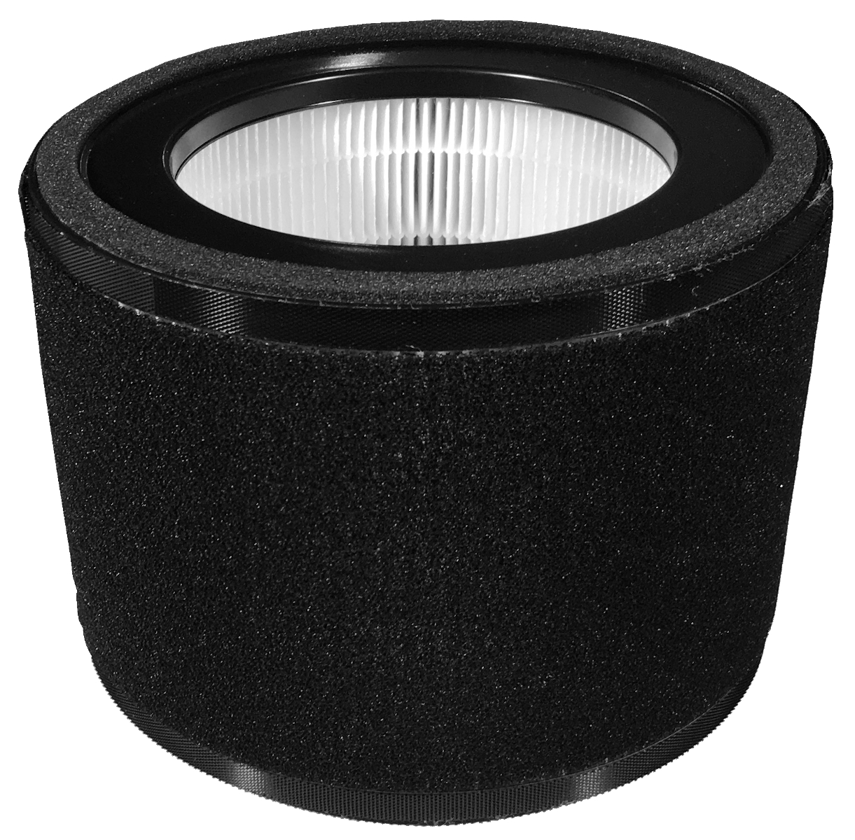 Nahaufnahme eines schwarzen zylindrischen Luftfilters. Er hat einen schwarzen Rahmen und einen weißen Filter.