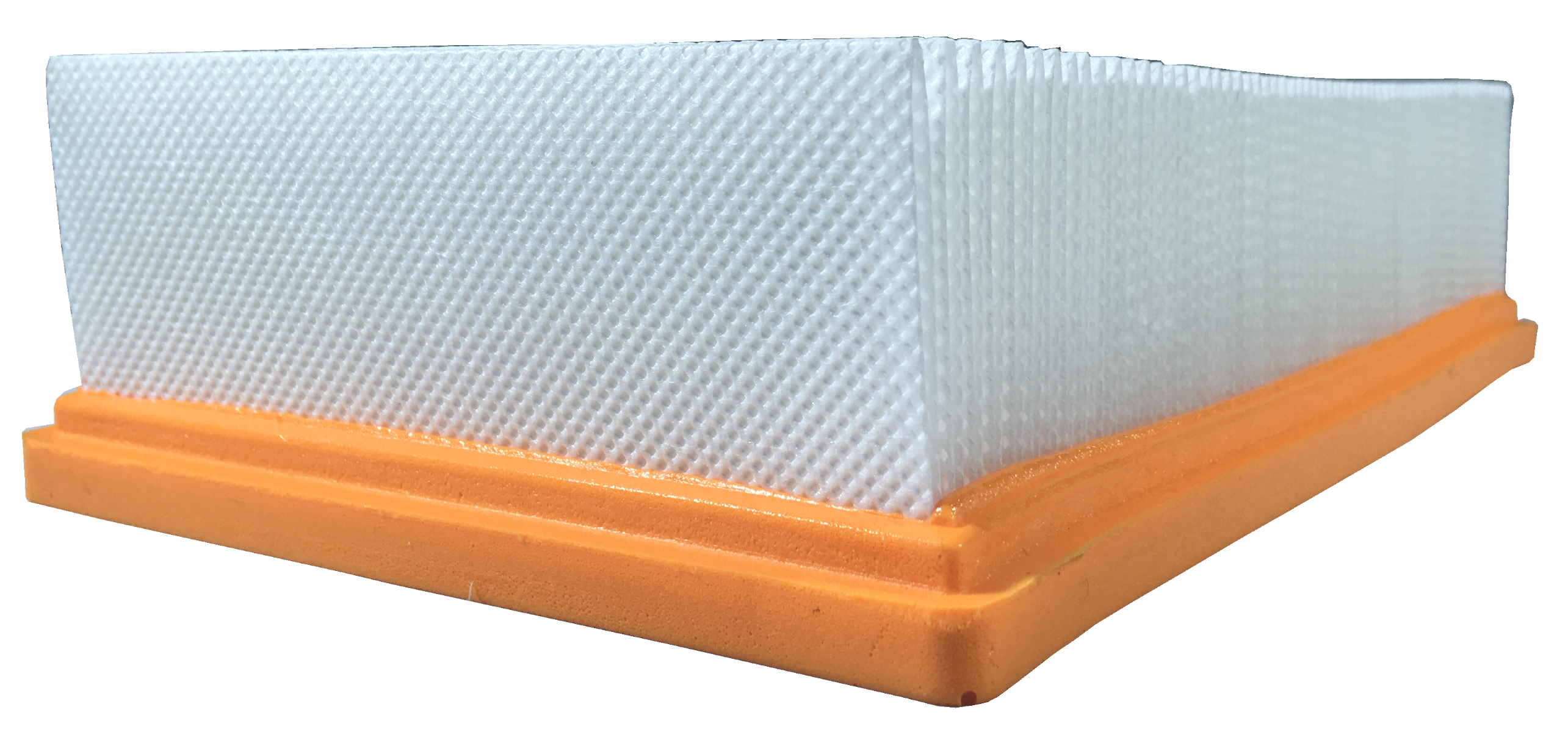 Ein rechteckiger Luftfilter mit einem weißen plissierten Filter und orangefarbenem Rahmen.