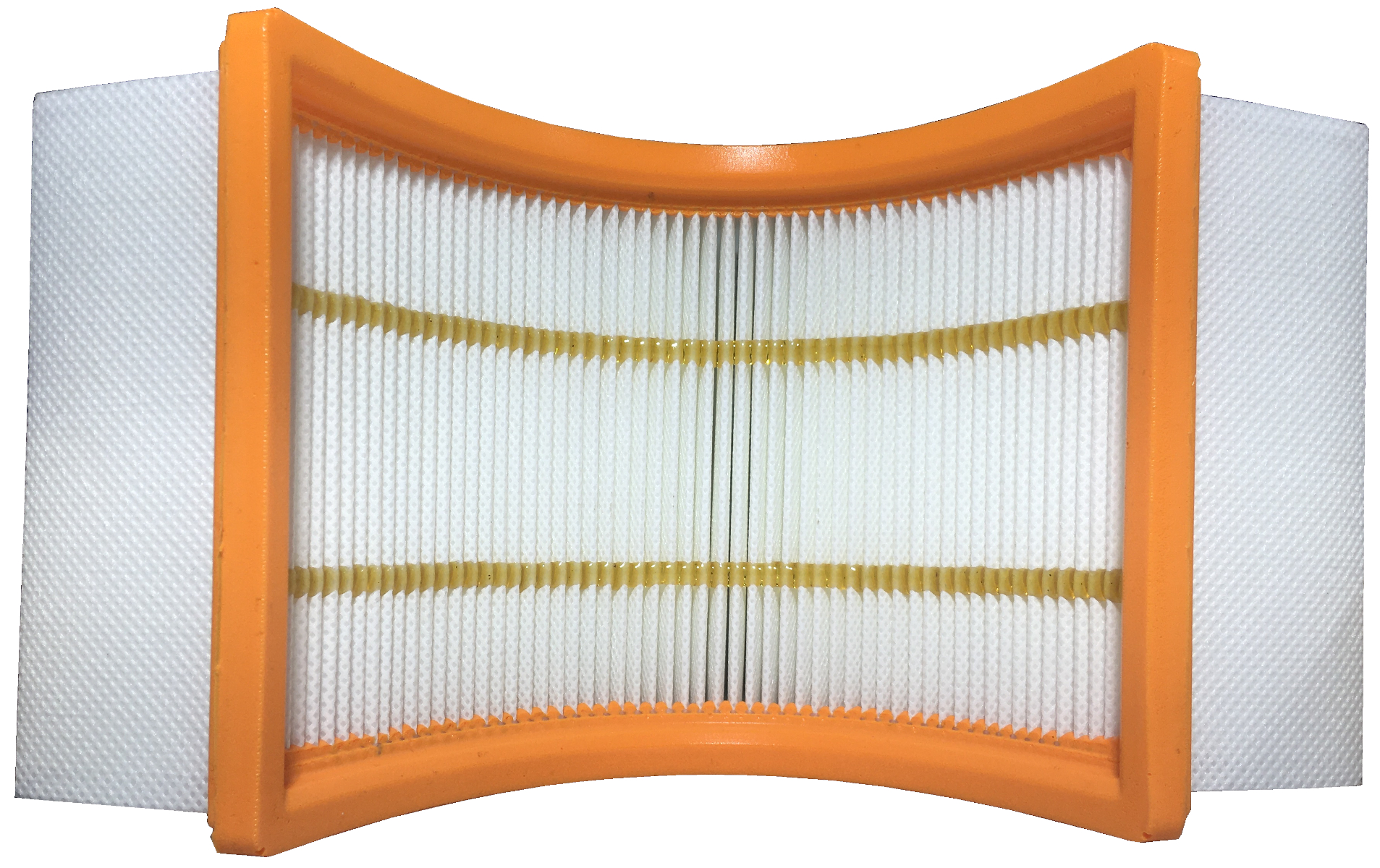 Luftfilter mit orangefarbenem Rahmen und weißem, plissiertem Filtermaterial.