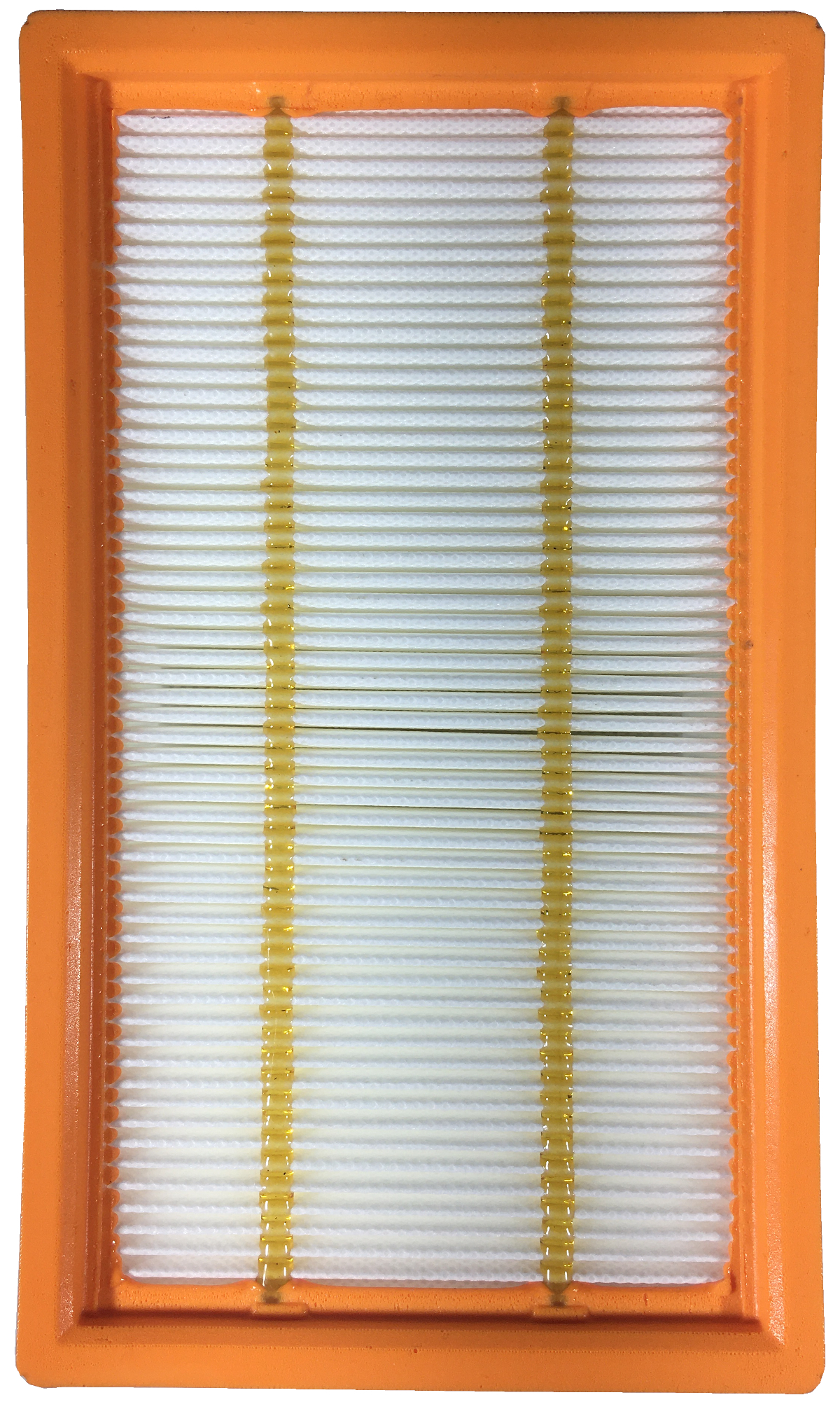 Ein orangefarbener Luftfilter mit weißem, plissiertem Filtermaterial und vertikalen gelben Stützstreifen.