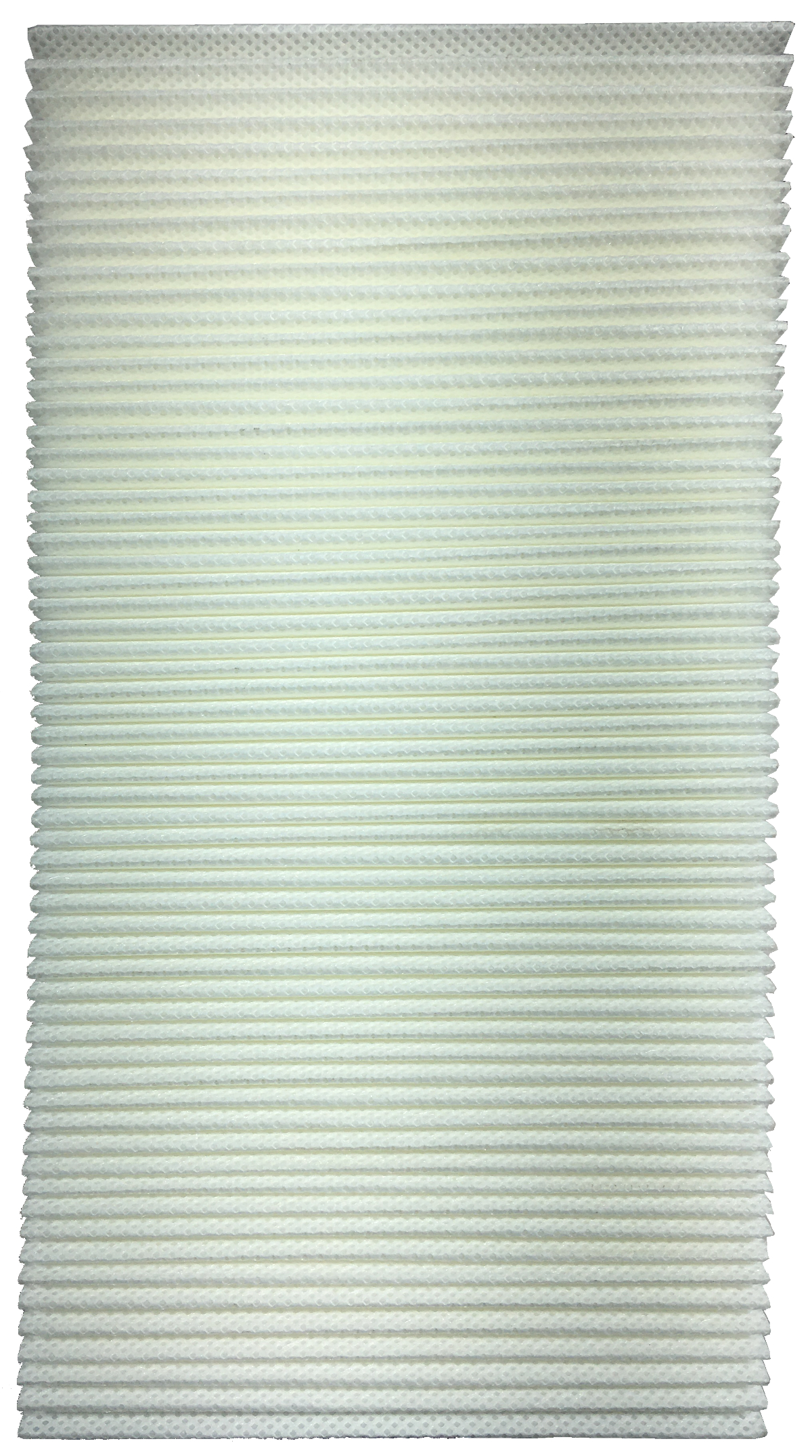 Ein weißer, plissierter Luftfilter. Der Filter hat vertikale Rippen und eine rechteckige Form.