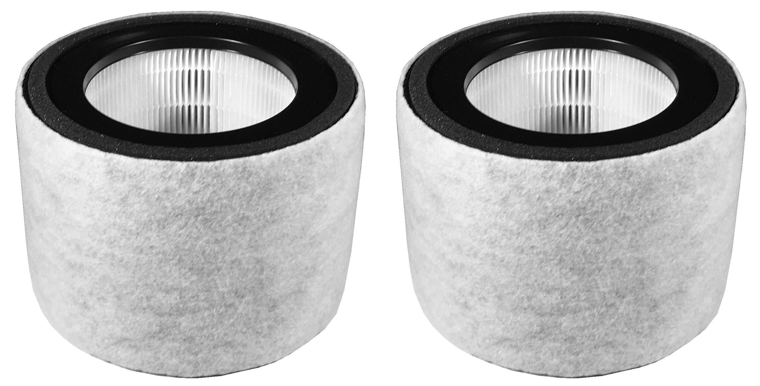Zwei weiße zylindrische Filter mit schwarzem Rand. Sie sind für einen Luftreiniger und haben ein plissiertes Design.