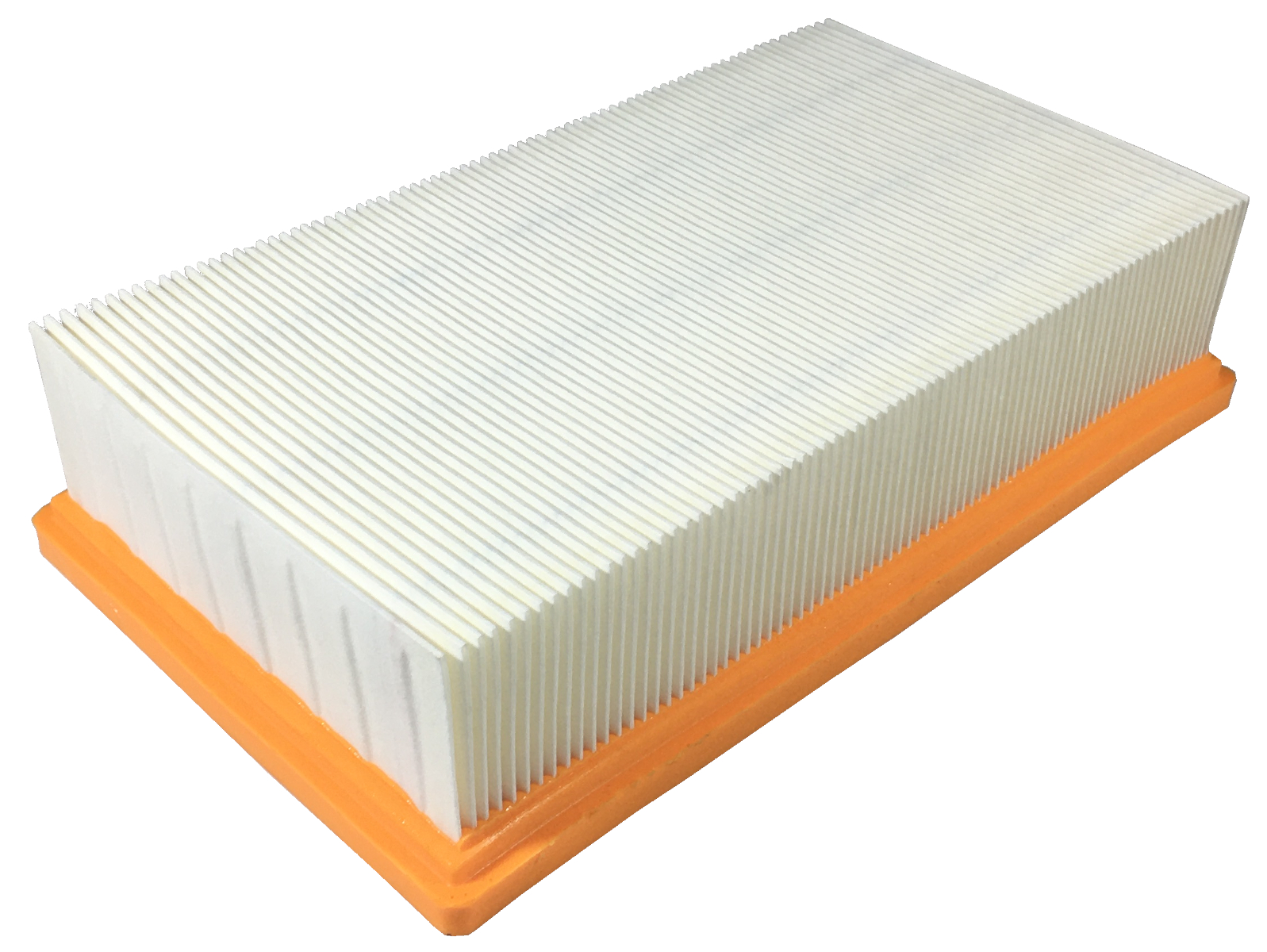 Rechteckiger Luftfilter mit weißem Faltenpapier und orangefarbenem Rahmen, isoliert.