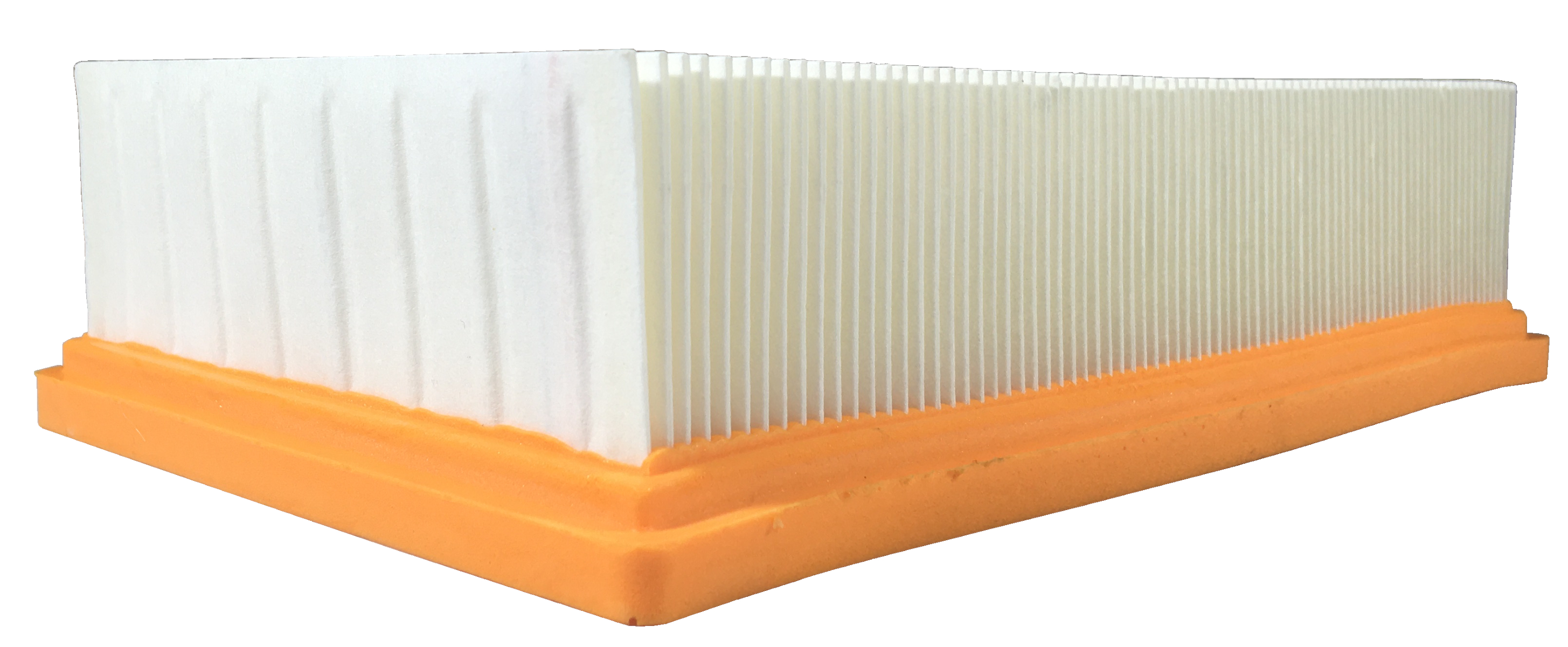 Ein Luftfilter mit weißem, plissiertem Papier und einem orangefarbenen Rahmen.