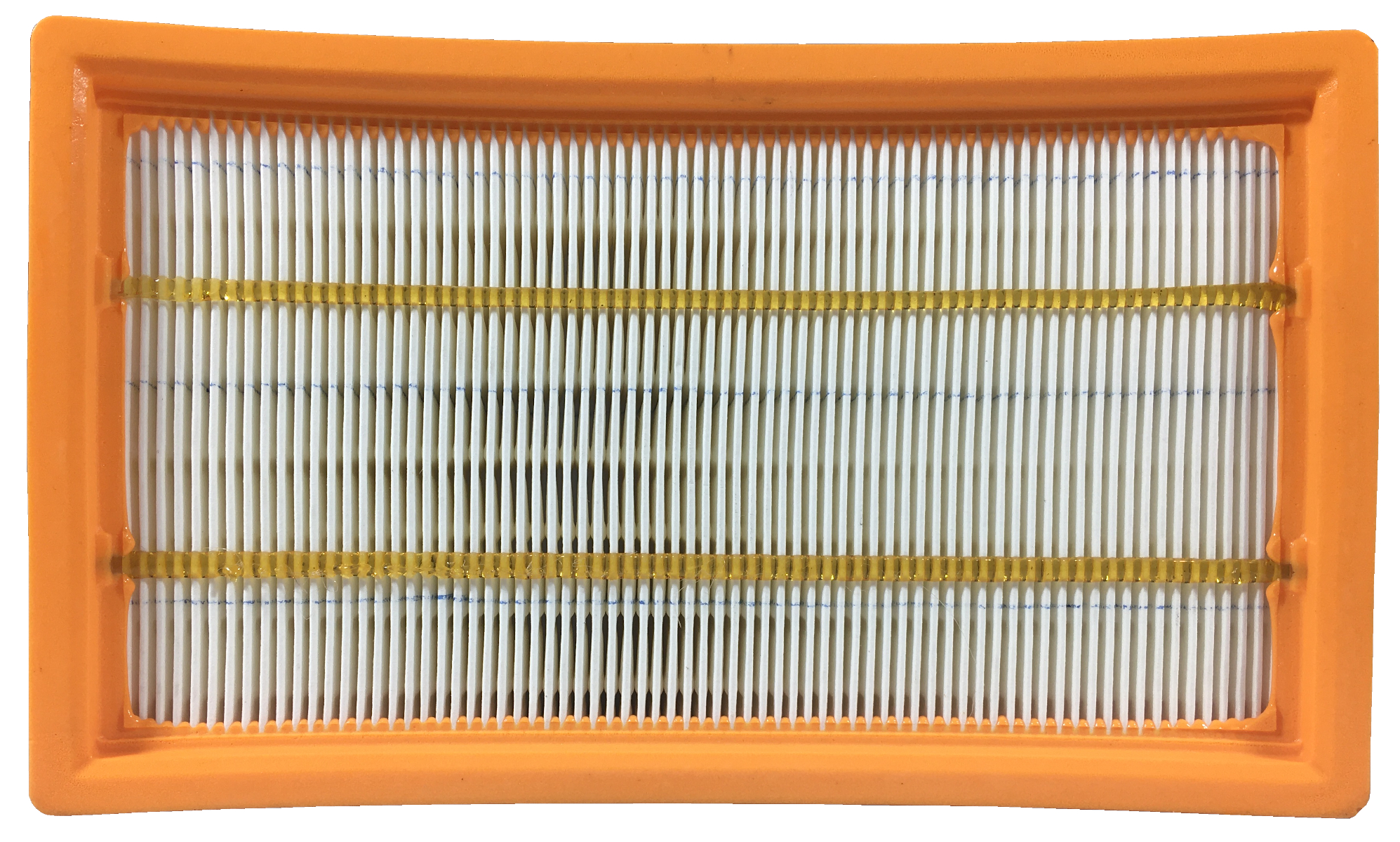 Rechteckiger Luftfilter mit orangefarbenem Rahmen und weißem Filterpapier.