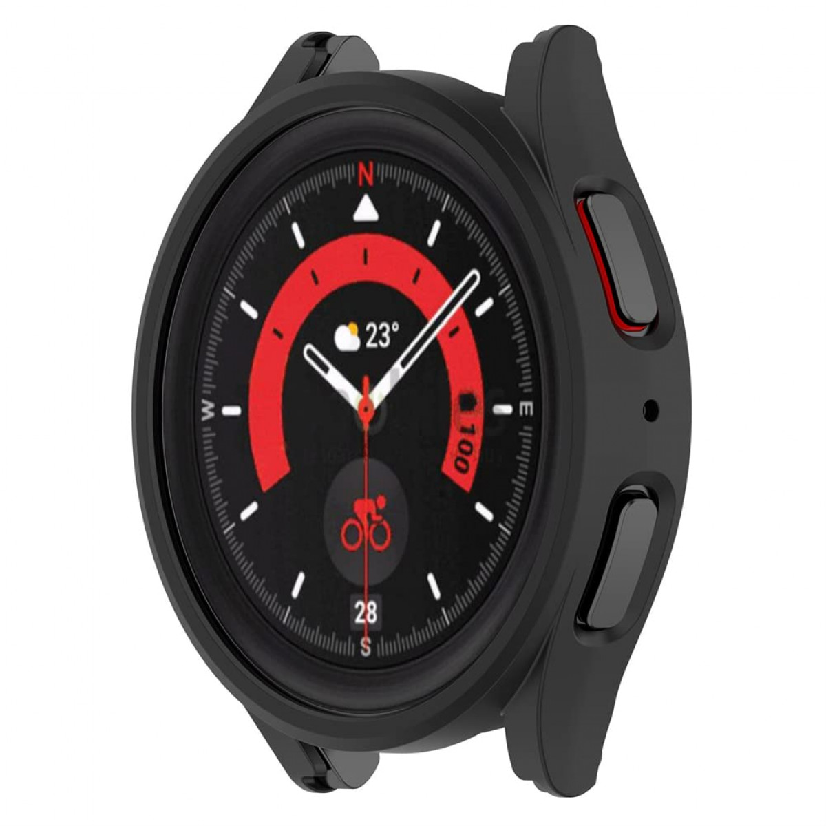 Schwarze Smartwatch mit roter Lünette. Das Zifferblatt zeigt Zeit und Metriken an.