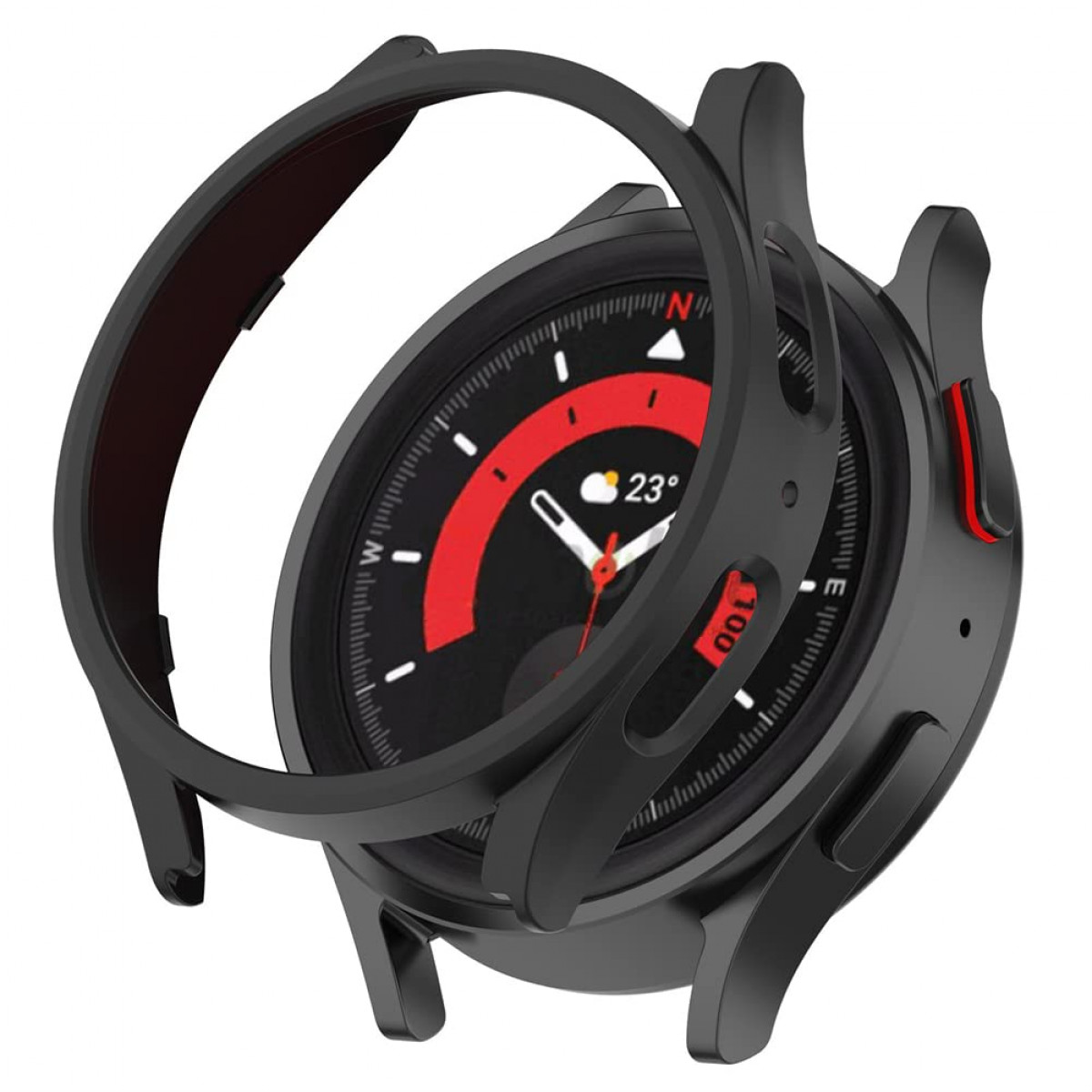 Schwarze Smartwatch mit roten Akzenten und schwarzem Schutzring.