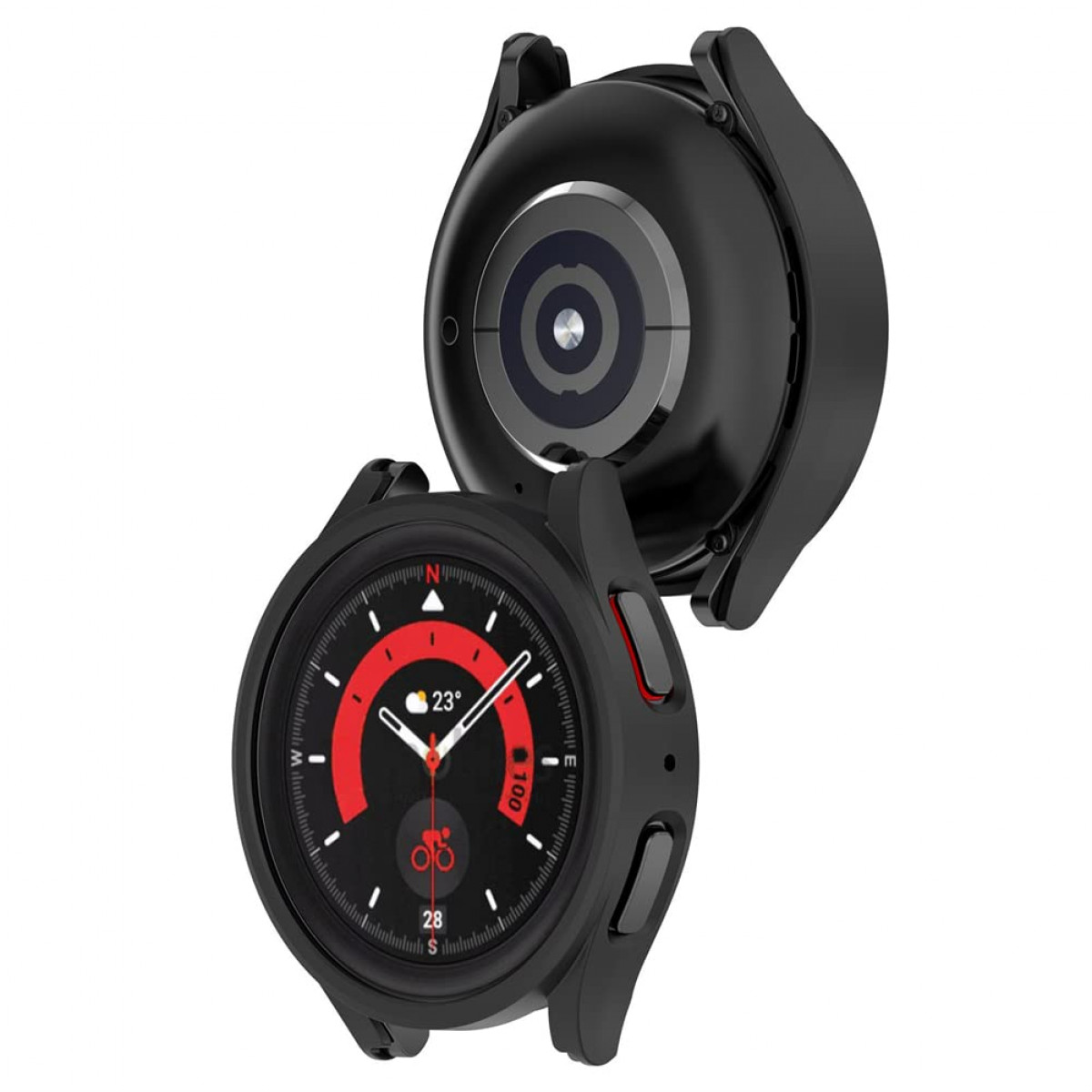 Schwarze Smartwatch mit zwei Teilen. Eines oben, eines unten. Rotes und schwarzes Display.