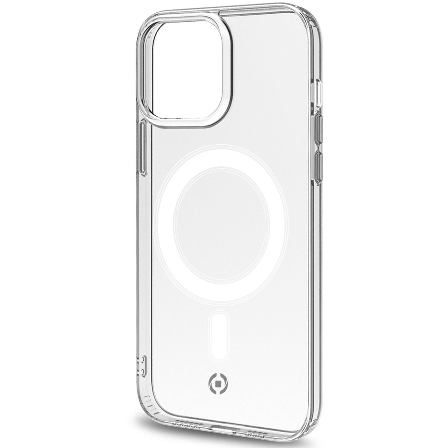 Una custodia trasparente per iPhone con un anello magnetico circolare bianco, su una superficie bianca.