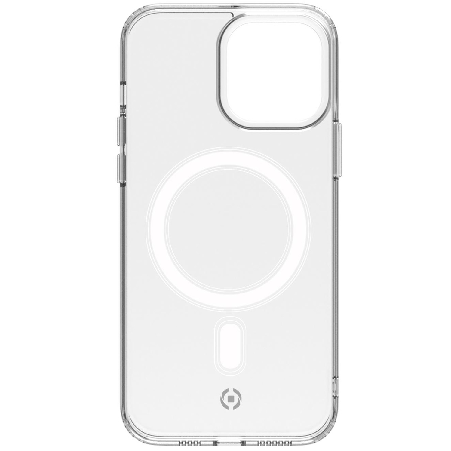 Una custodia trasparente per telefono con un design ad anello magnetico visibile. La custodia è trasparente e protegge.