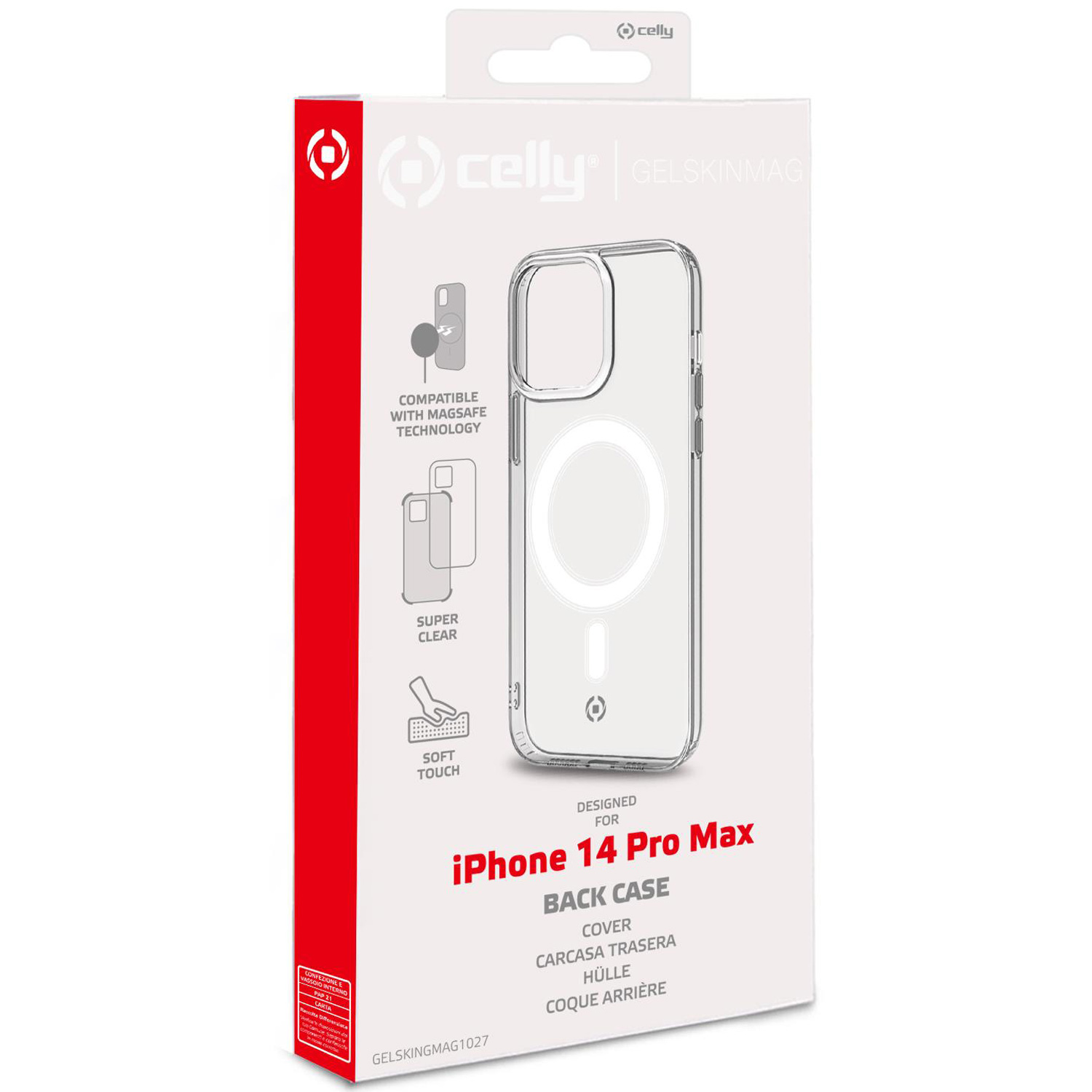 Confezione della custodia Celly per iPhone 14 Pro Max. Custodia trasparente con un cerchio bianco.