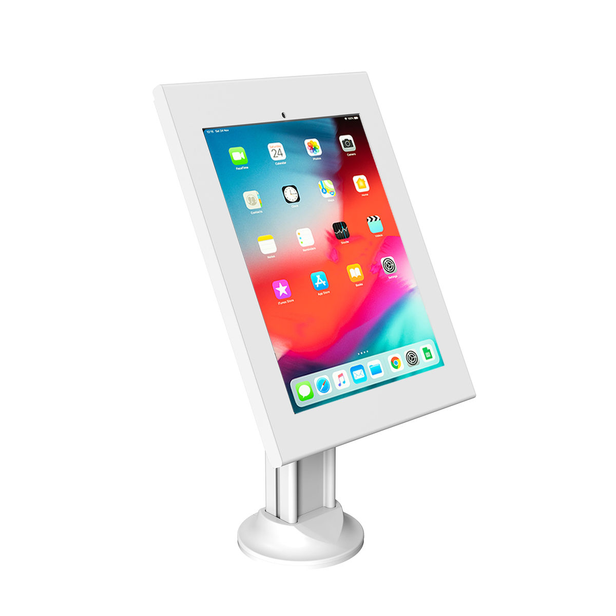 Tablette blanche sur pied. L'écran affiche des icônes d'applications. Le fond est blanc.