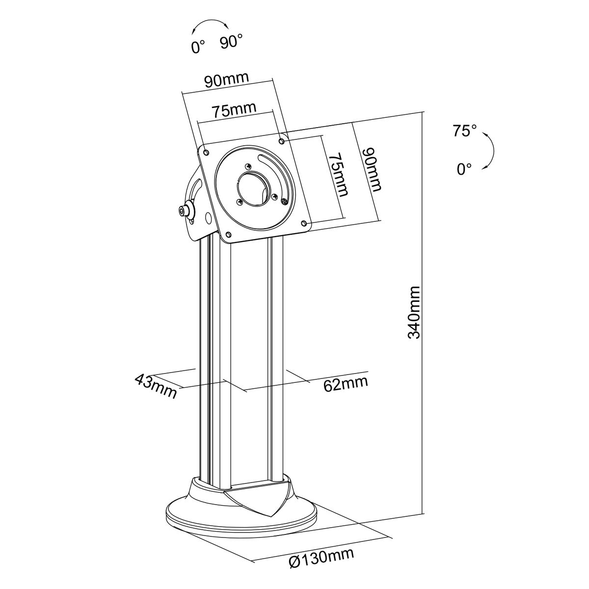 Dessin technique d'un support de moniteur avec dimensions. Le support est argenté et a une base circulaire.
