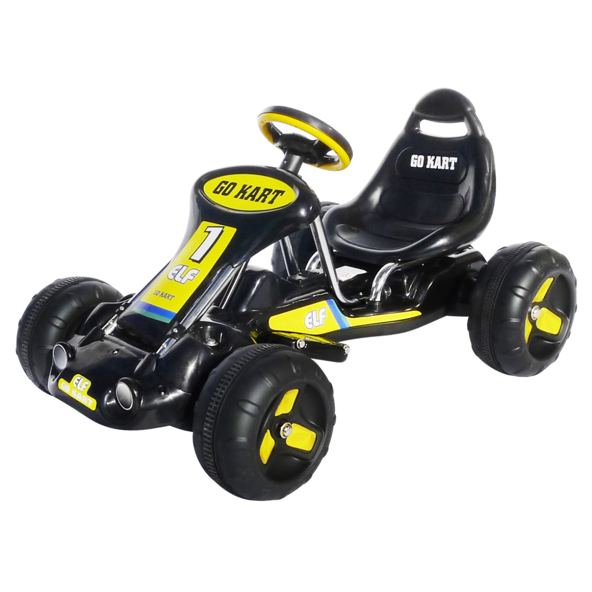Schwarz-gelbes Go-Kart mit 'GO KART' und 'ELF' Logos, isoliert auf weißem Hintergrund.