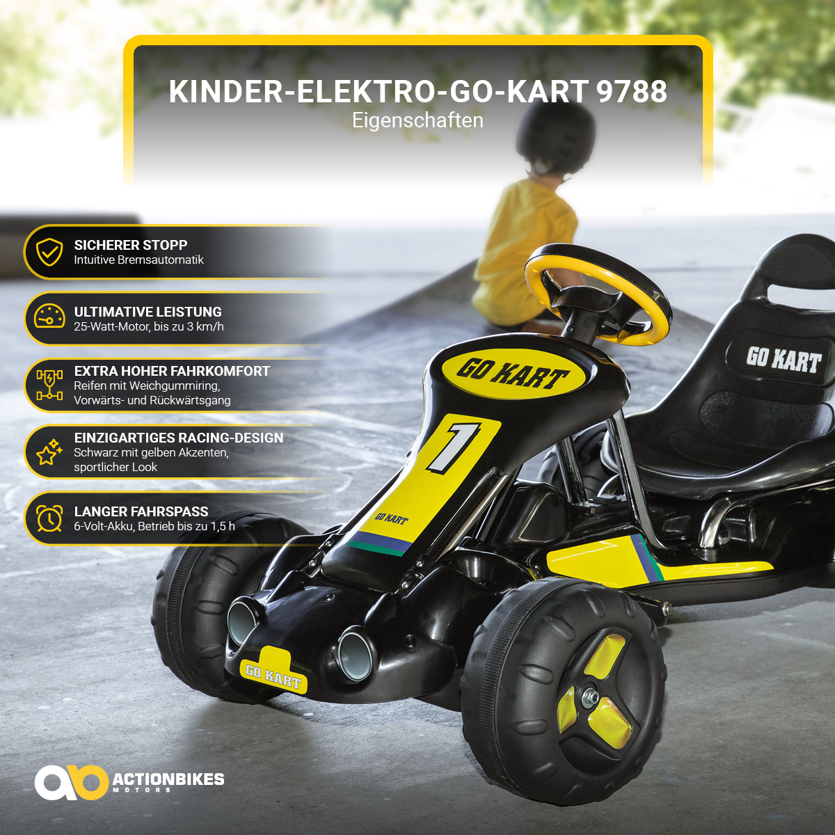 Go-Kart-Spielzeug mit Text über Funktionen, ein Kind im Hintergrund.