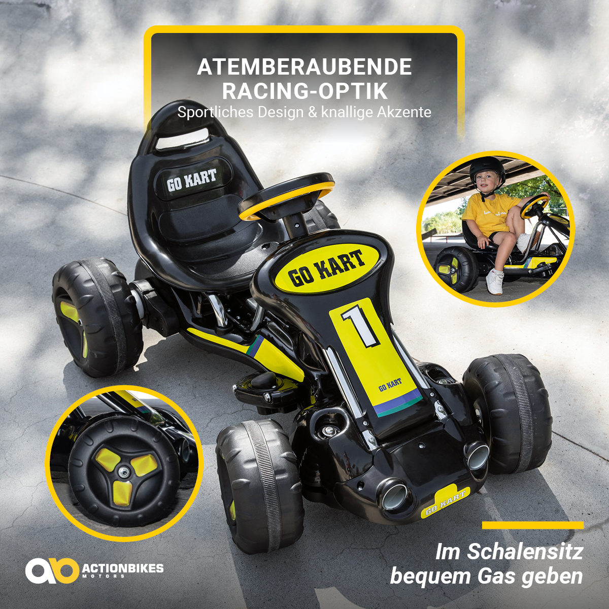 Go-Kart mit Kind beim Fahren. Merkmale: schwarz-gelbes Design, Actionbikes-Logo.