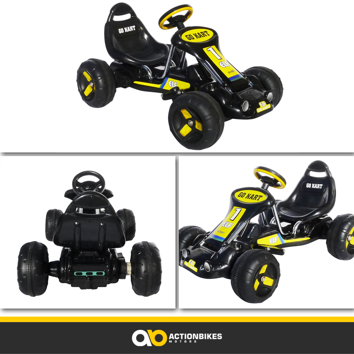 Schwarzes Go-Kart mit gelben Akzenten, drei Ansichten.