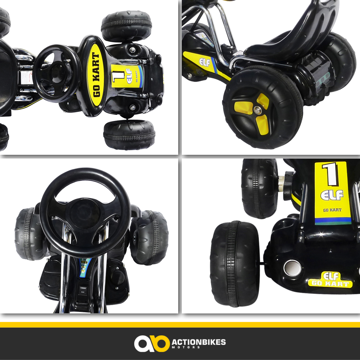 Vier Ansichten eines schwarzen Go-Karts mit gelben Akzenten und dem Schriftzug 'GO KART'.