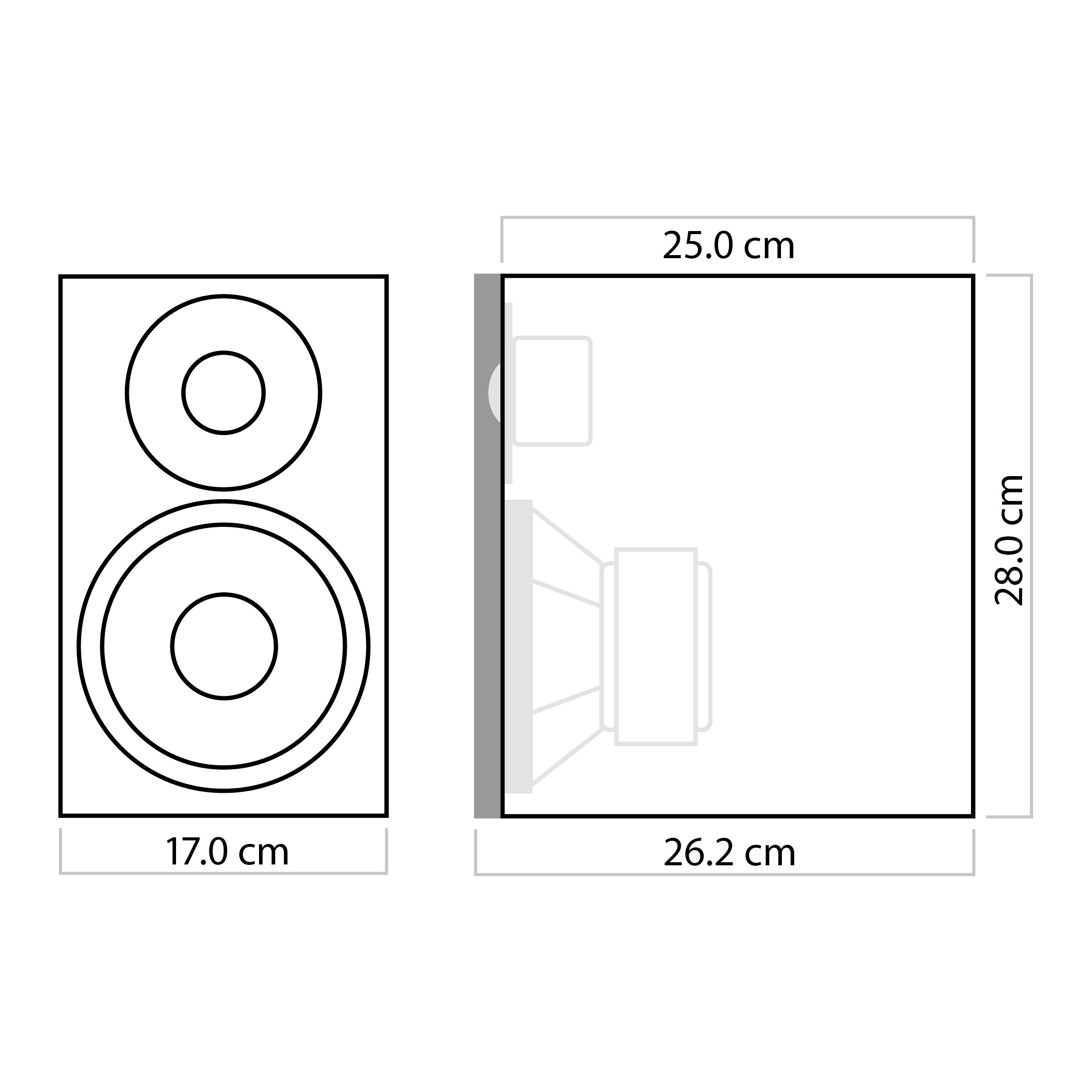 Diagramm eines Lautsprechers mit Abmessungen: 17,0 cm x 28,0 cm x 25,0 cm. Zeigt Vorder- und Seitenansicht.