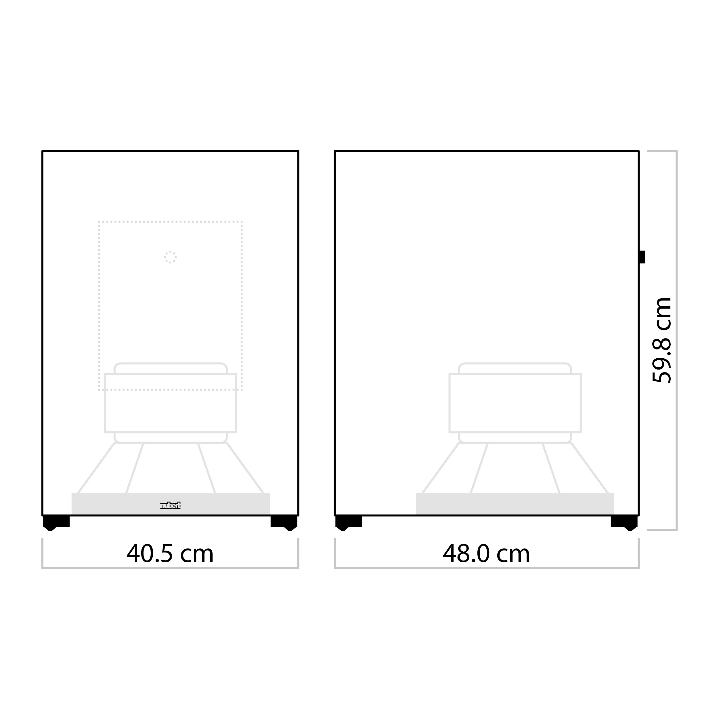 Zwei Lautsprecher nebeneinander. Abmessungen sind angegeben: 40,5 cm und 48,0 cm breit, 59,8 cm hoch.