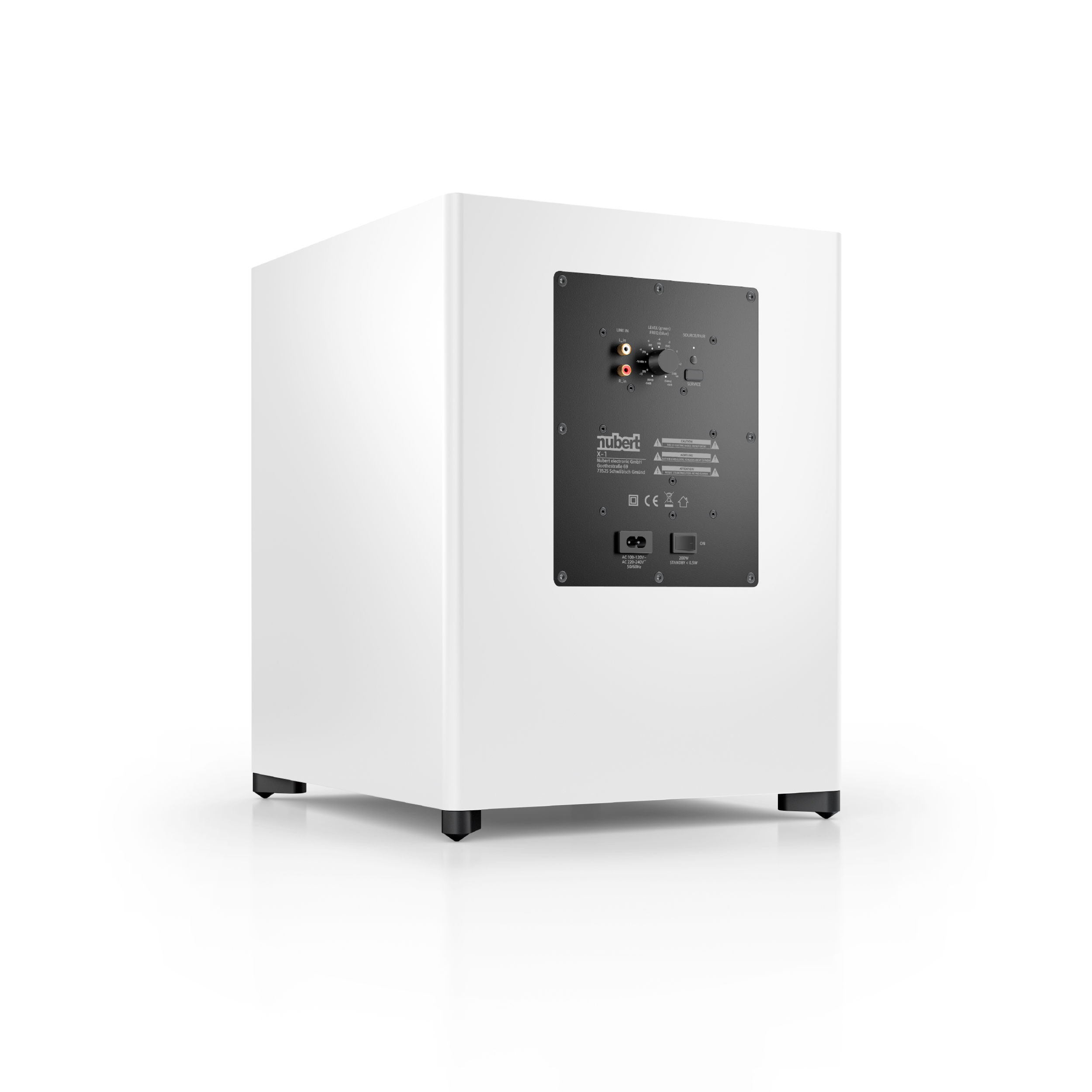 Ein weißer Subwoofer-Lautsprecher von hinten. Er hat schwarze Füße und eine schwarze Platte mit Anschlüssen.