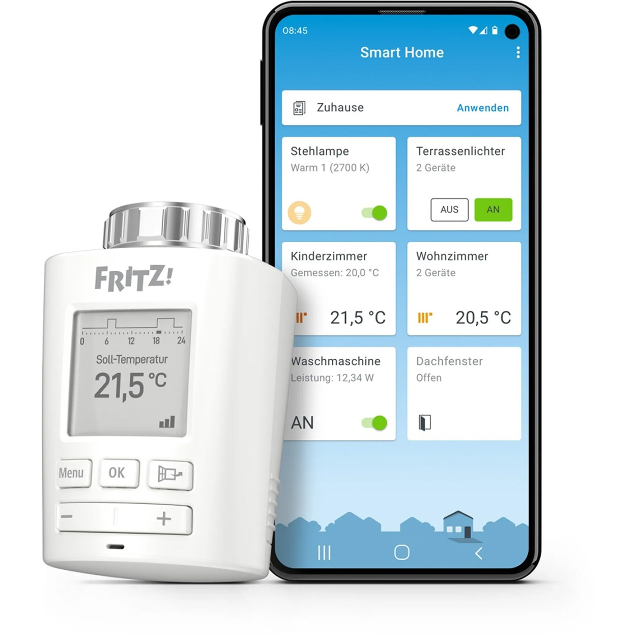 Smart-Home-Gerät mit Bildschirm, der Raumtemperatur anzeigt, und ein Mobiltelefon, das eine Smart-Home-App anzeigt.
