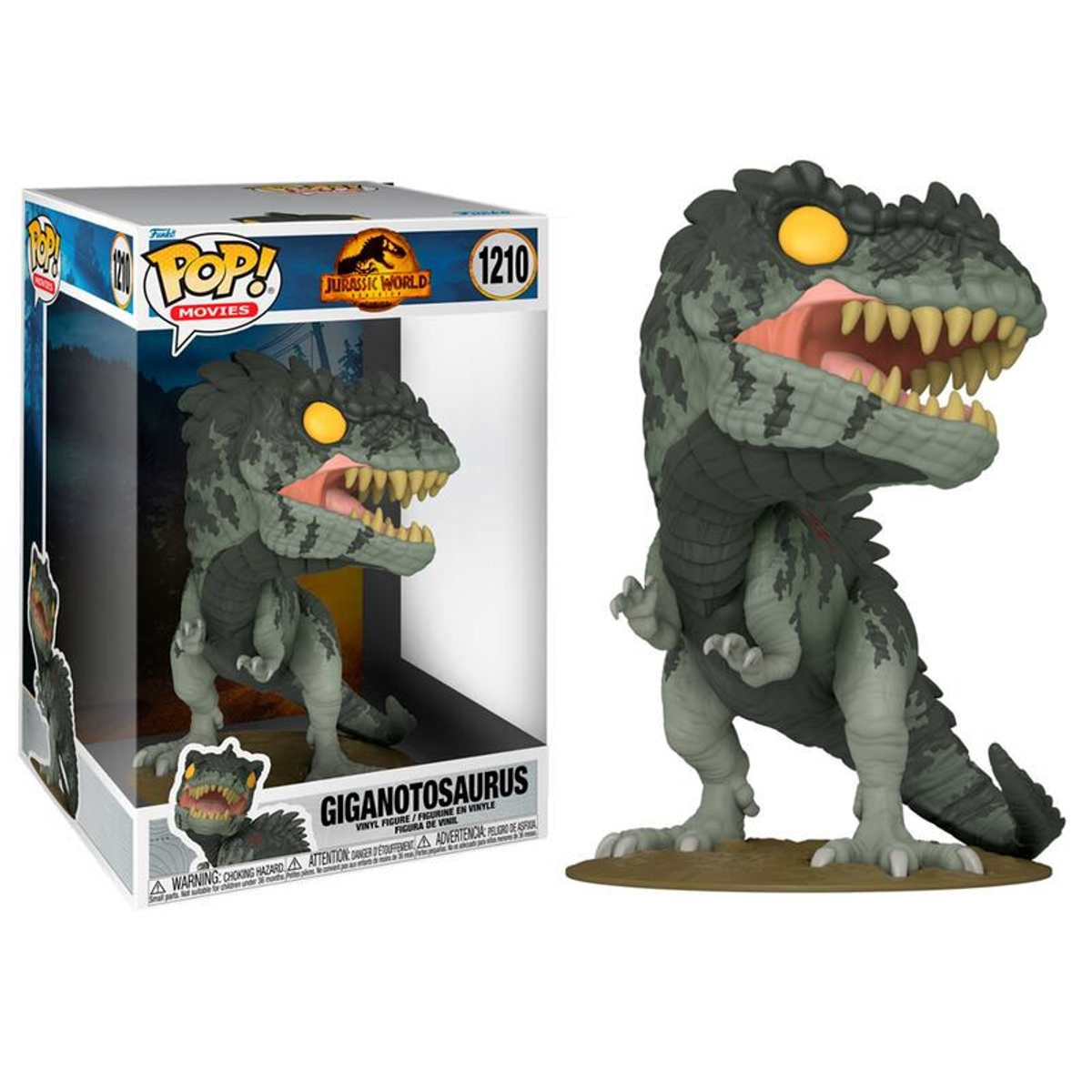 Una figura de juguete de Giganotosaurus en una caja y de pie junto a ella. Es un dinosaurio verde con dientes.