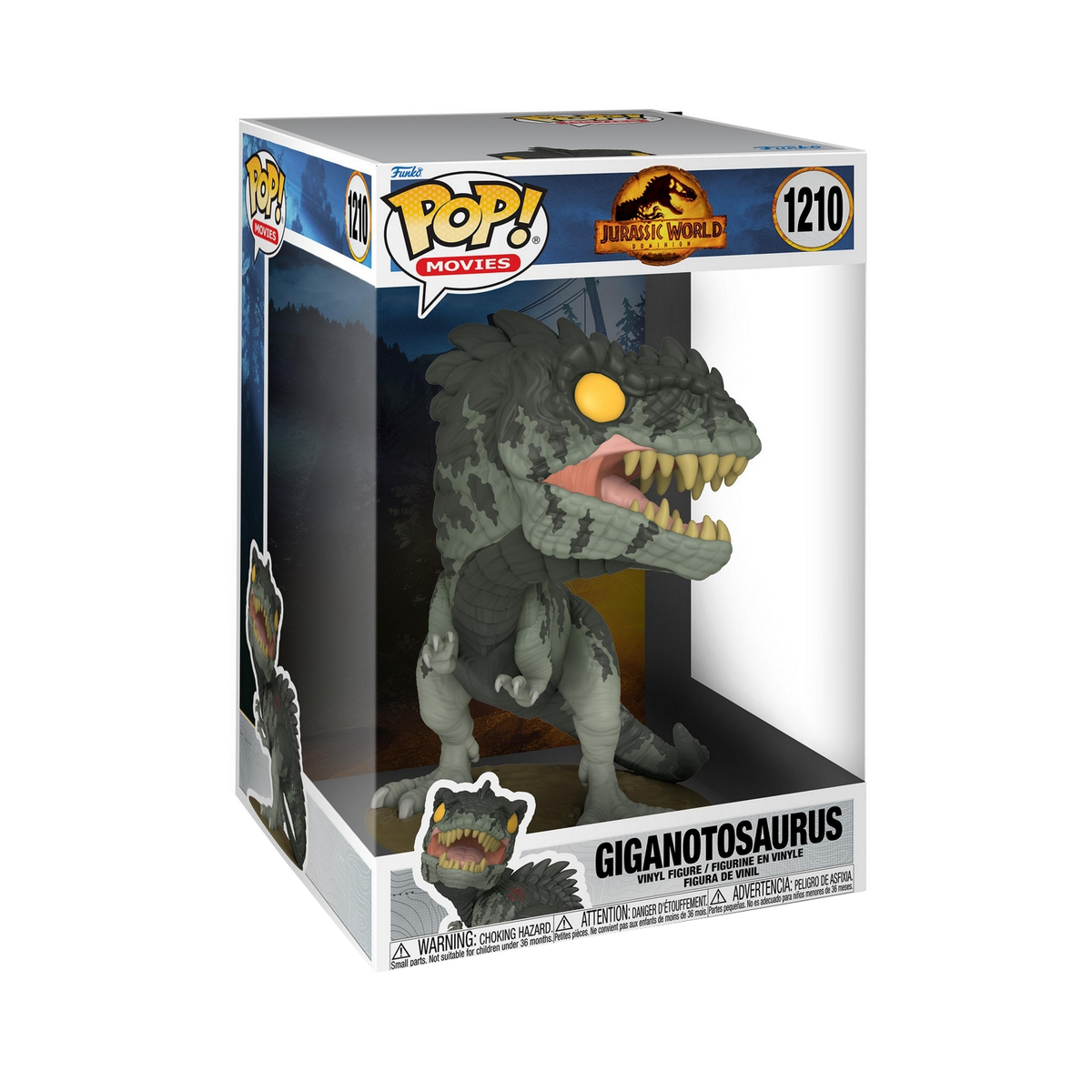 Un juguete de dinosaurio Giganotosaurus dentro de una caja Pop! Movies.