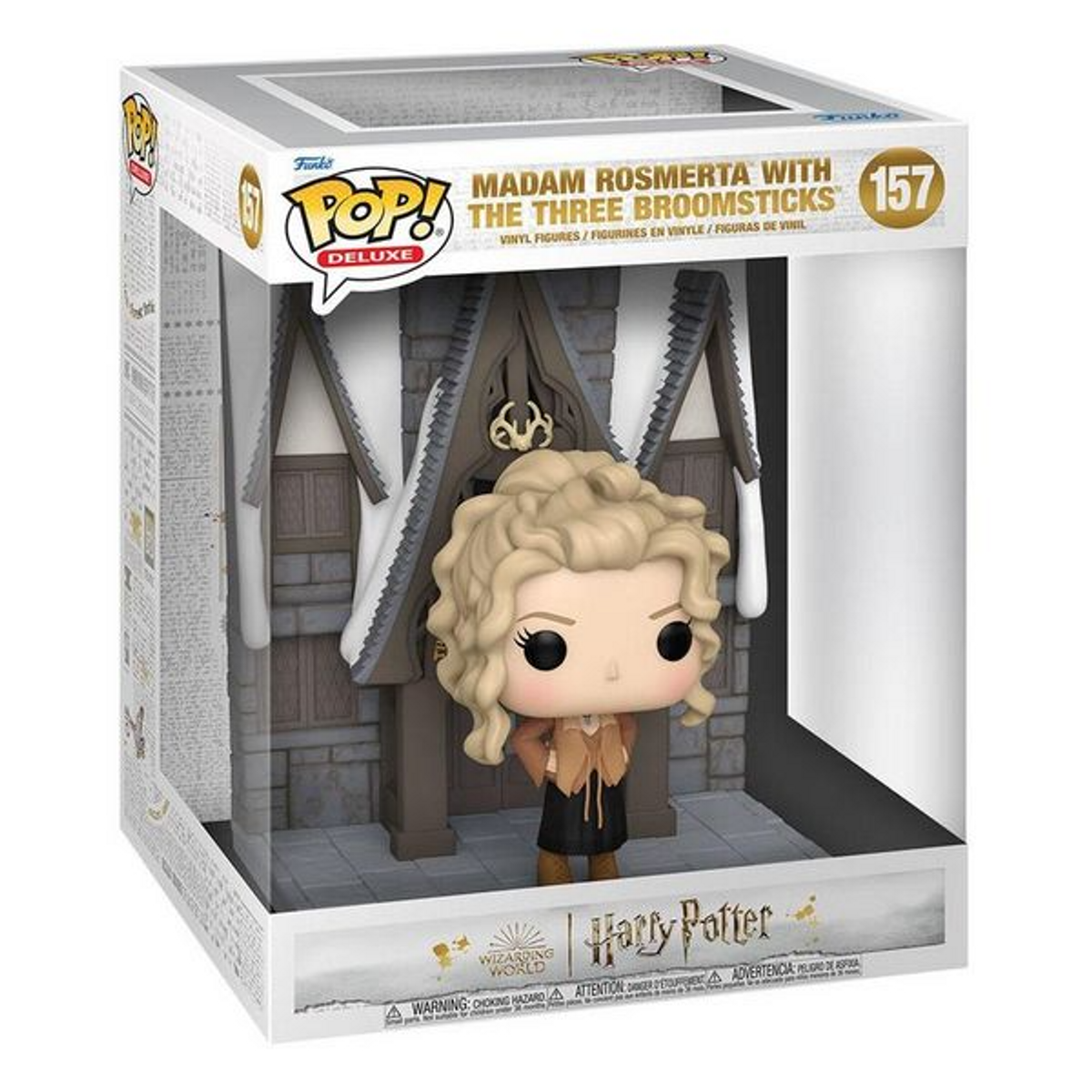Figura Funko Pop! in una scatola. Mostra Madame Rosmerta di Harry Potter davanti a un edificio.