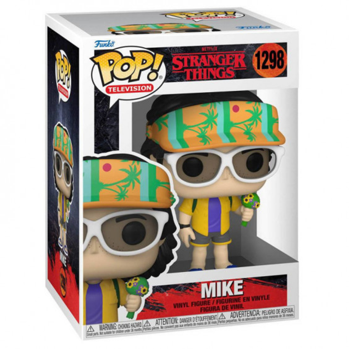 Funko Pop Figur von Mike aus Stranger Things. In Box, trägt Sonnenbrille und Stirnband.