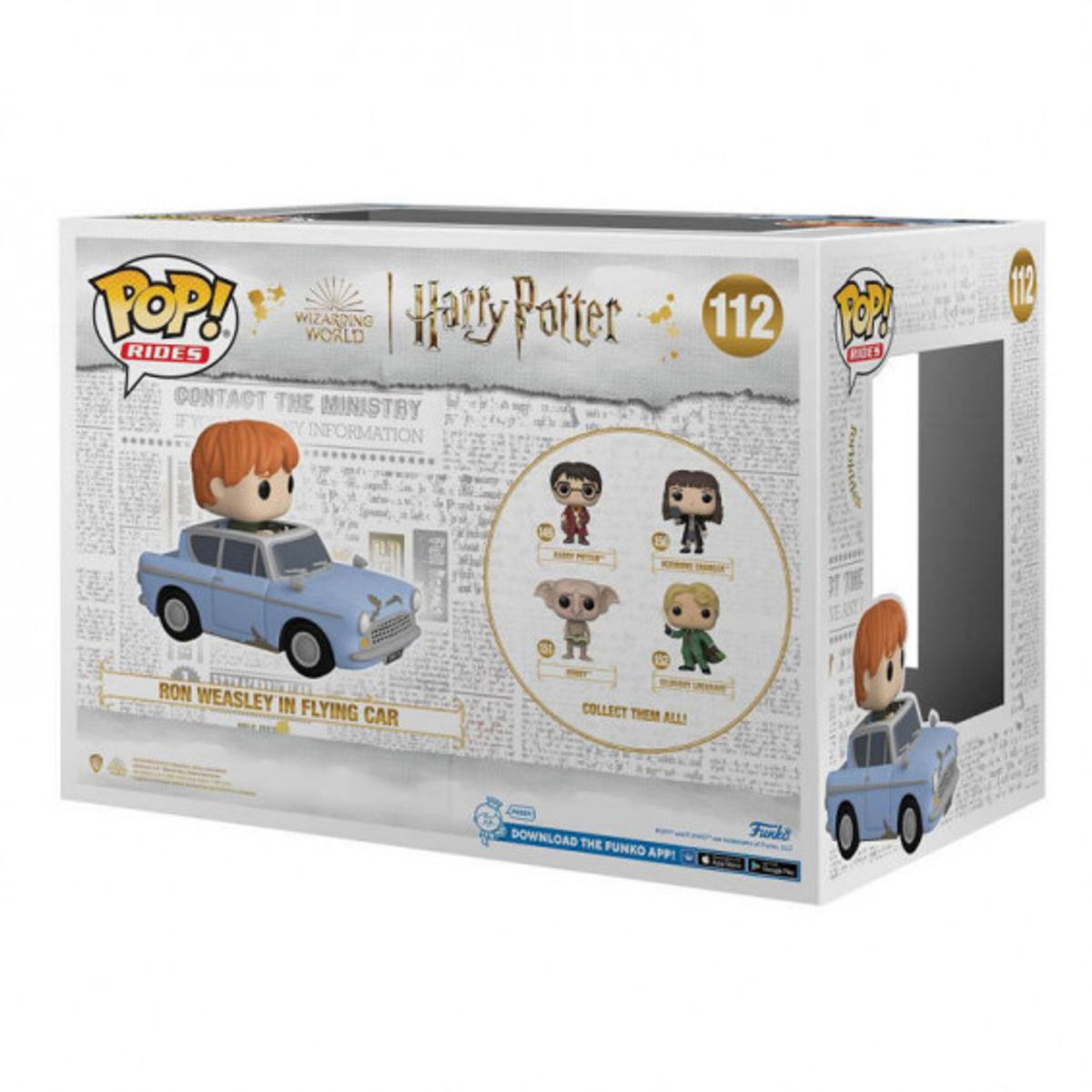 Schachtel mit Harry Potter-Spielzeug. Ron Weasley in einem Auto. Charaktere sind auf der Box abgebildet.