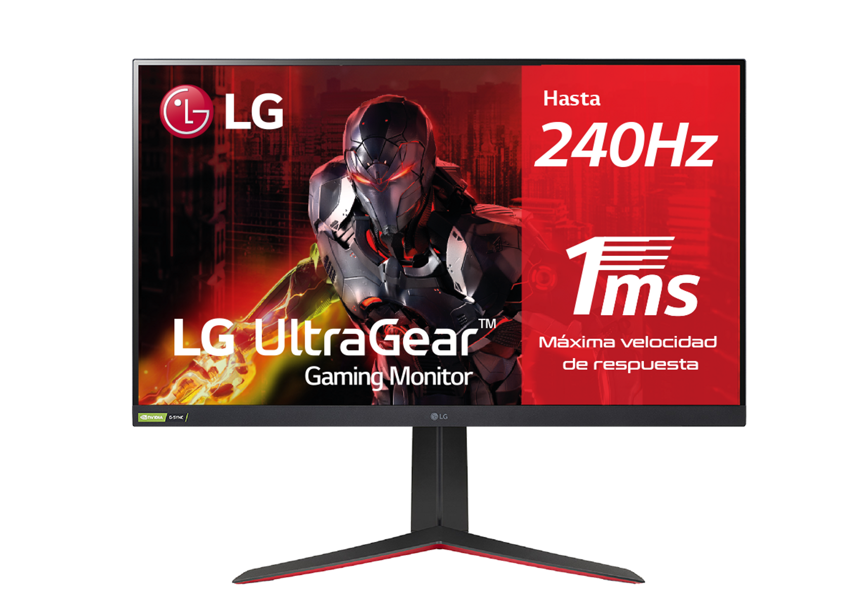 Monitor gaming LG UltraGear con cornice nera e dettagli rossi. Testo in spagnolo: 240Hz, risposta 1ms.