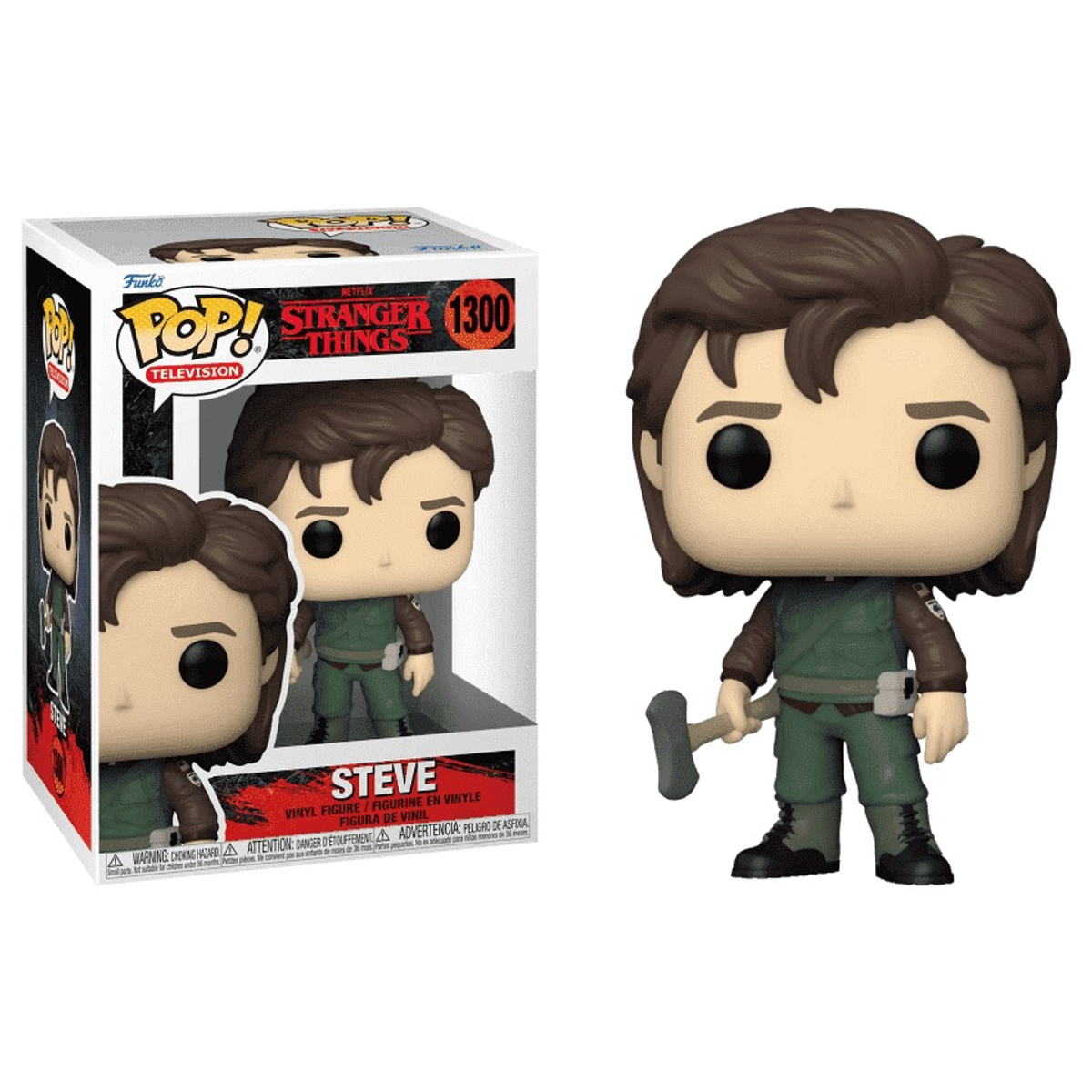 Eine Funko Pop-Figur von Steve aus Stranger Things. Er hält einen Schläger und befindet sich in einer Box.