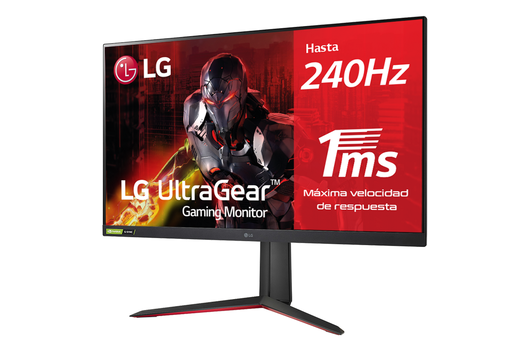 Monitor gaming LG che mostra una scena di gioco. Design rosso e nero, con logo UltraGear e specifiche.