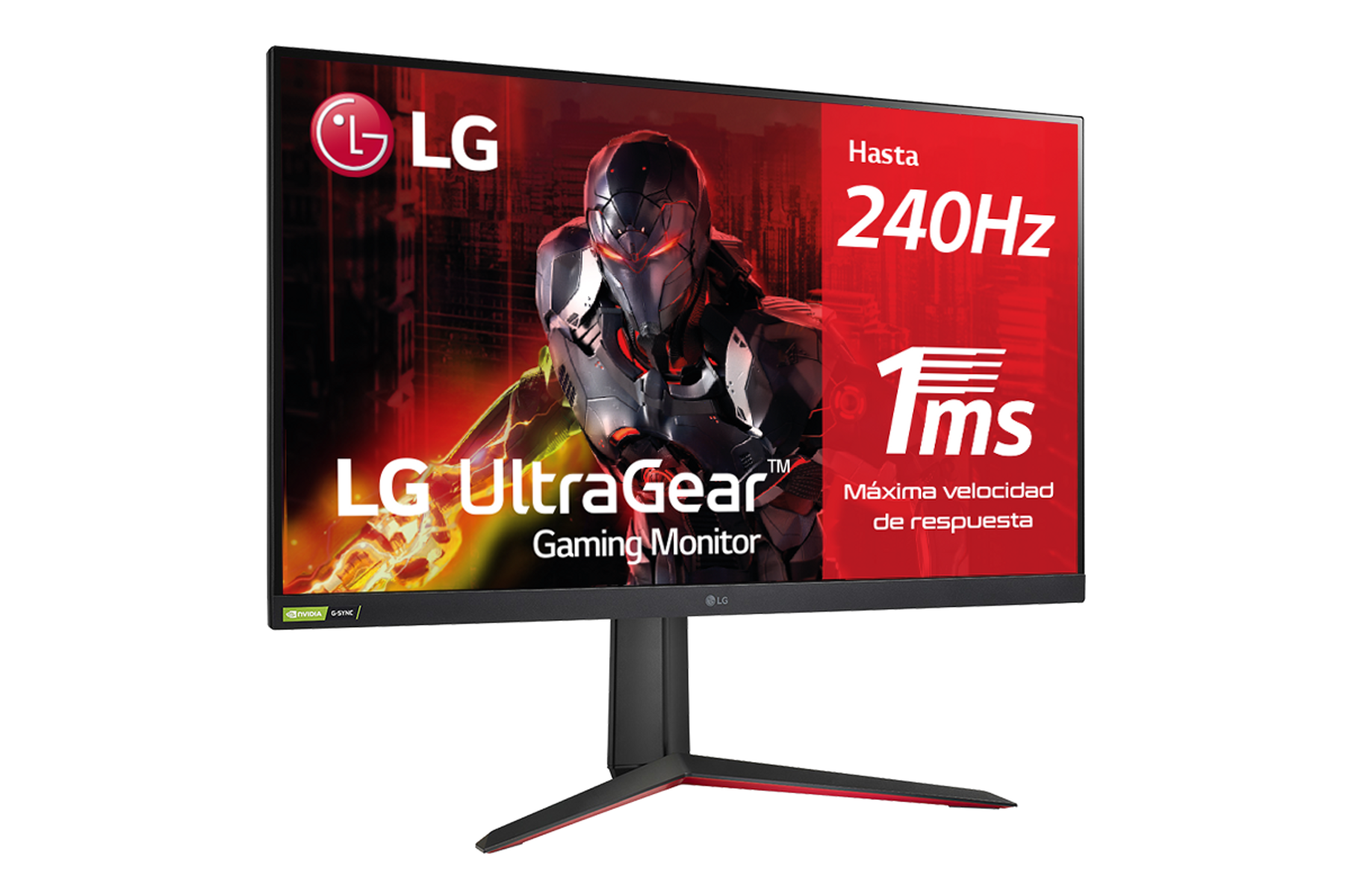 Monitor gaming LG UltraGear su supporto nero, mostra immagine giocatore e specifiche.