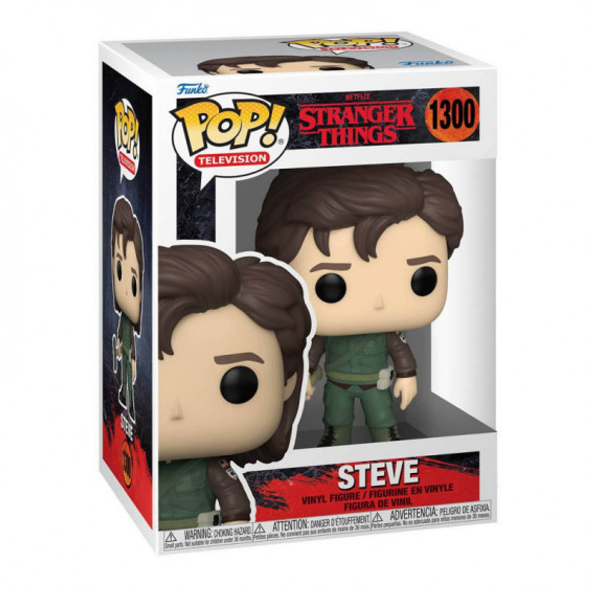 Eine Funko Pop Figur von Steve aus Stranger Things in einer Box. Die Figur trägt ein grünes Outfit.