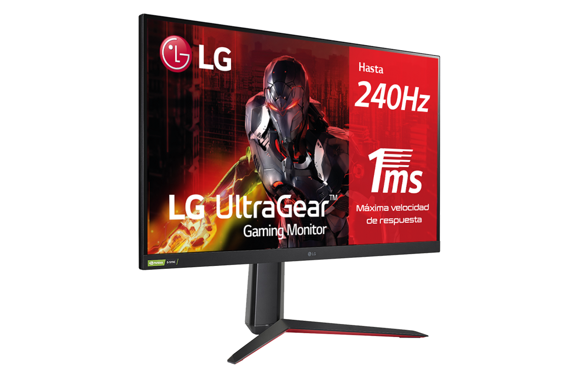 Monitor gaming LG con scena di gioco. Accenti rossi e supporto nero. Sfondo nero.