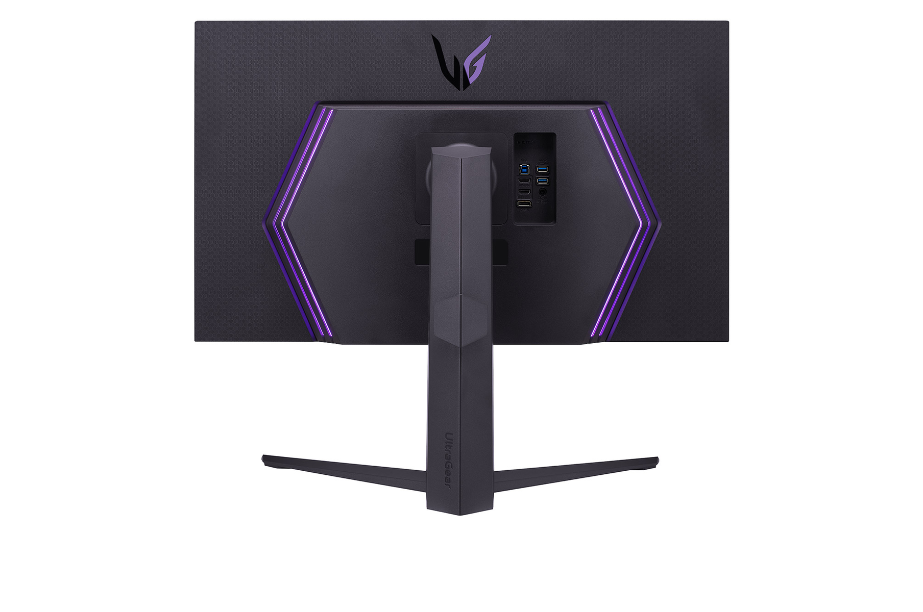 La parte posteriore di un monitor per computer nero con luci viola e il logo LG UltraGear.