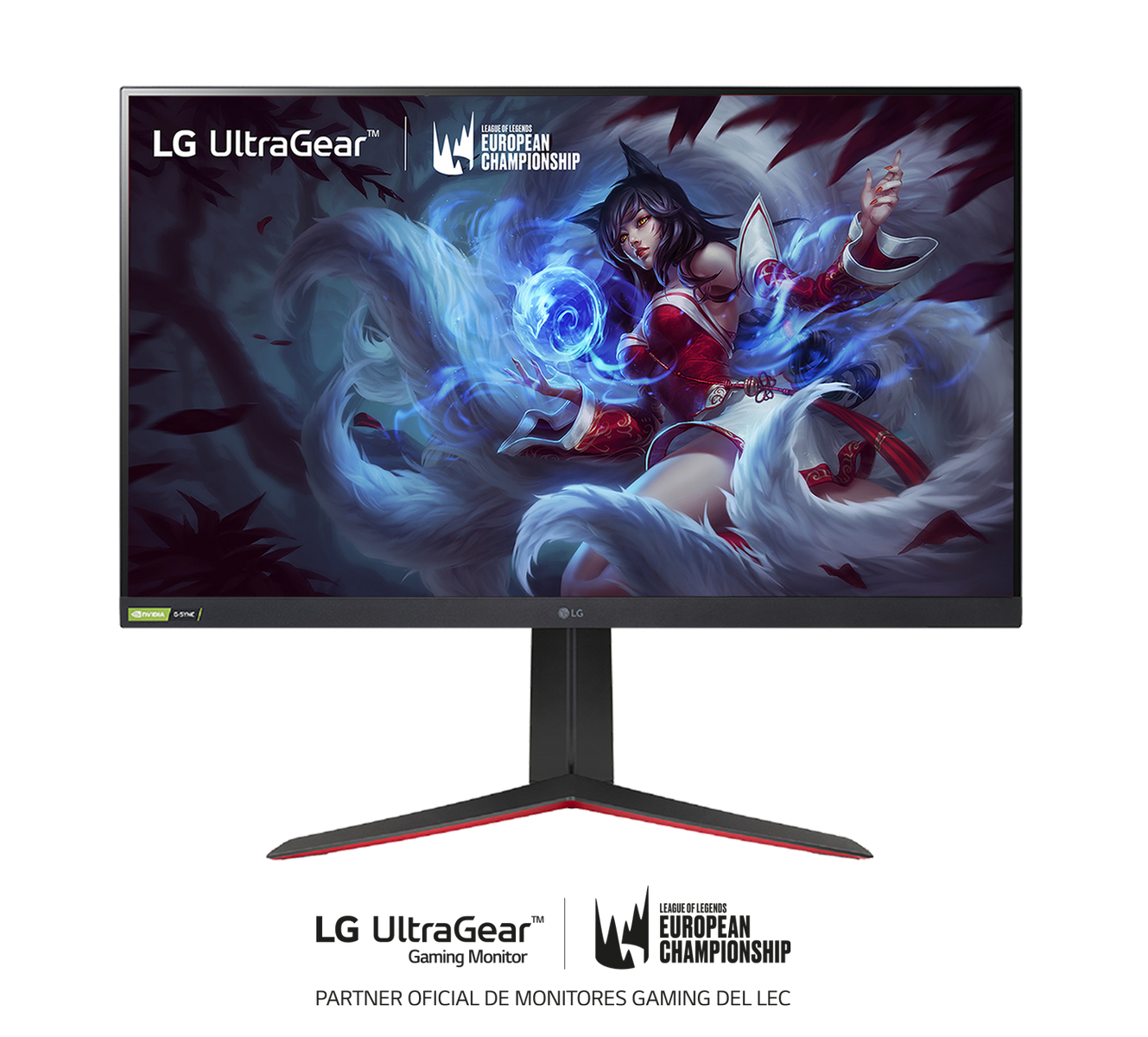 Monitor da gioco LG UltraGear. Una donna in abito rosso con una coda di volpe è sullo schermo.