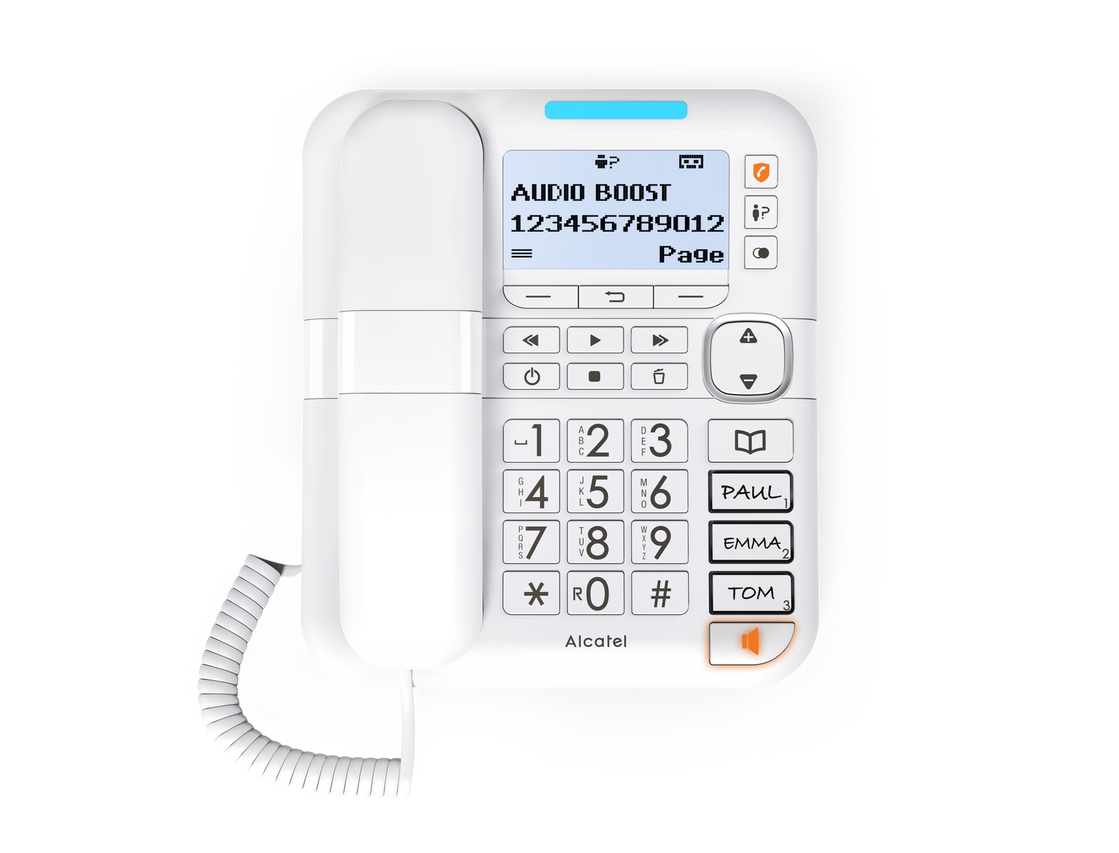 Telefono Alcatel bianco, che mostra uno schermo e pulsanti. Il telefono è su uno sfondo scuro.