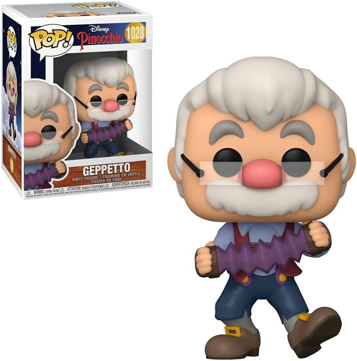 Figura giocattolo di Geppetto, con scatola e confezione. La figura indossa occhiali e un gilet viola.