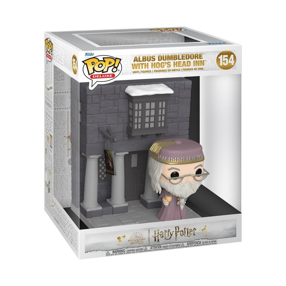 Figurka Funko Pop! Albusa Dumbledore'a z Hog's Head Inn. Białe tło z pudełkiem.