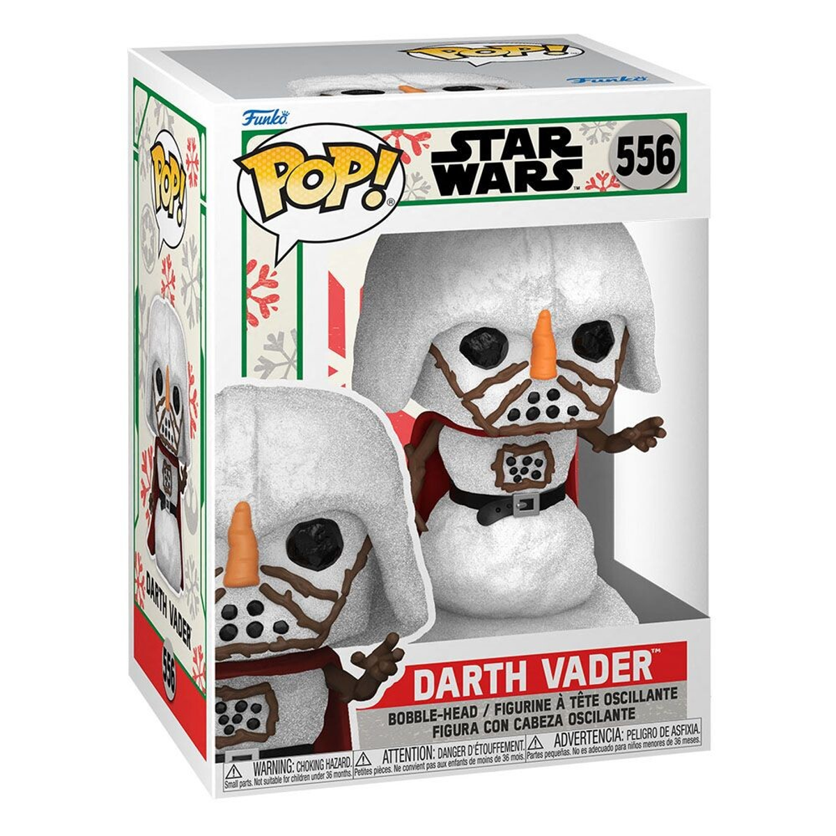 Darth Vader pupazzo di neve Funko Pop in scatola. La figura ha naso a carota, dettagli marroni e mantello rosso.