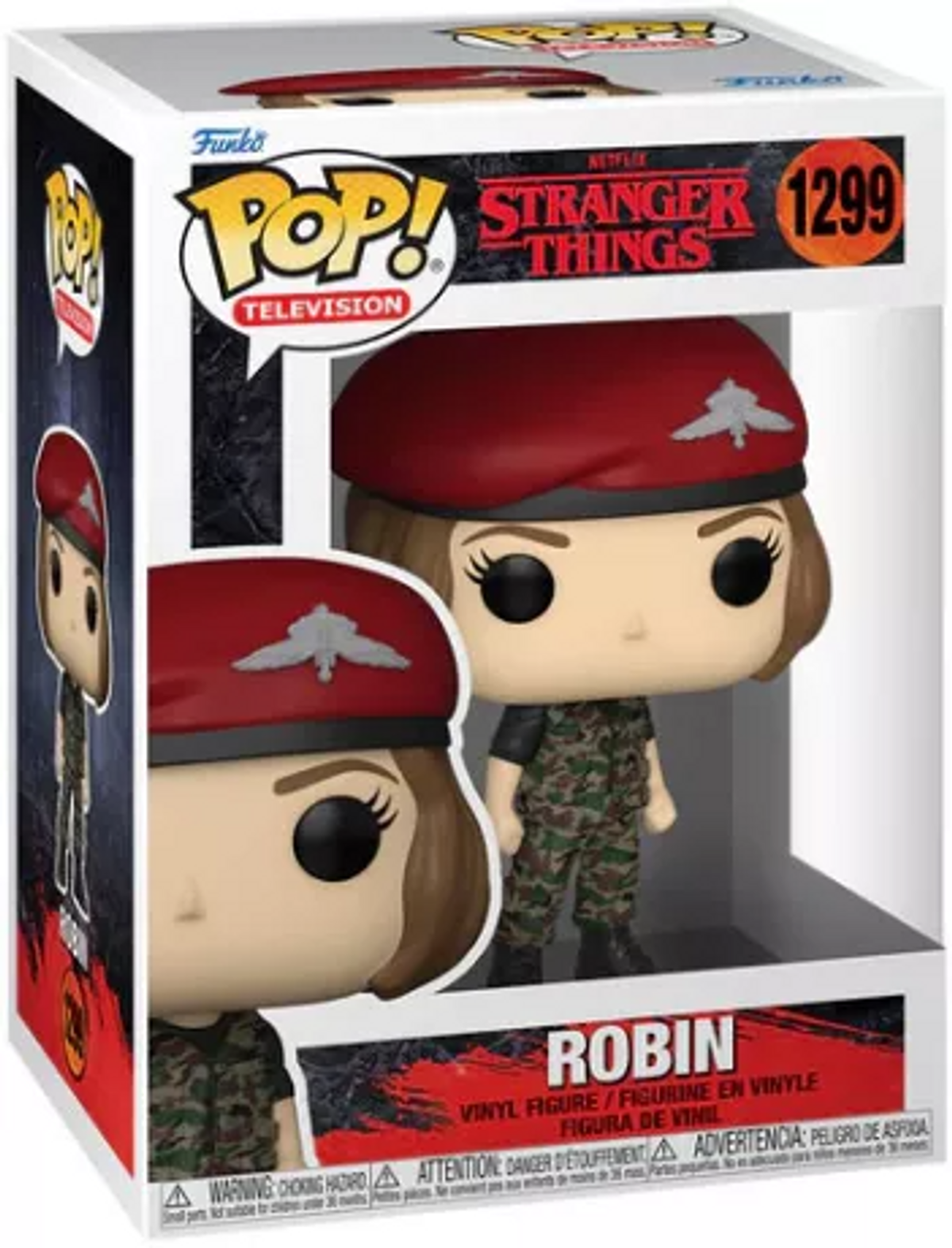 Scatola Funko Pop di un personaggio femminile con basco rosso e uniforme mimetica.