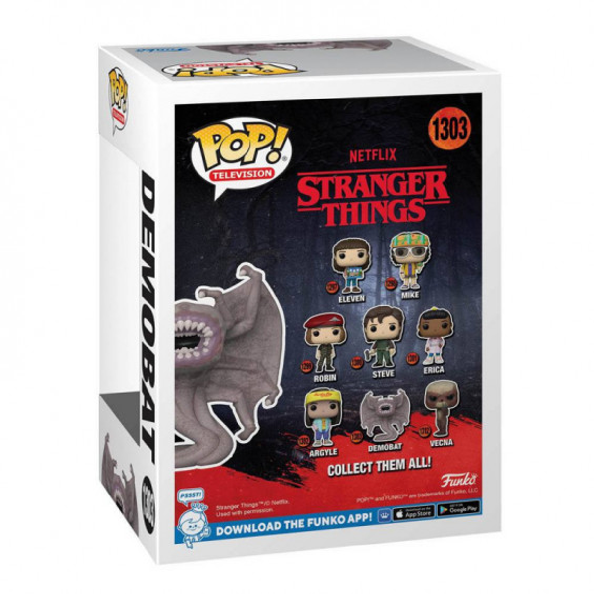 Funko Pop-Box für Stranger Things mit Charakteren und dem Demobat.