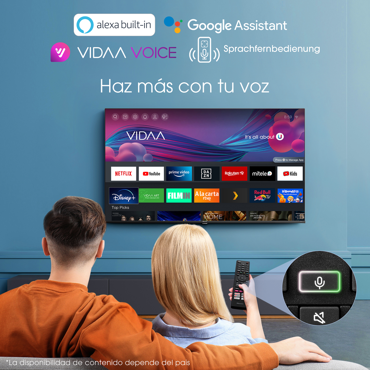 Para ogląda telewizję z aplikacjami streamingowymi. Tekst podkreśla sterowanie głosem.