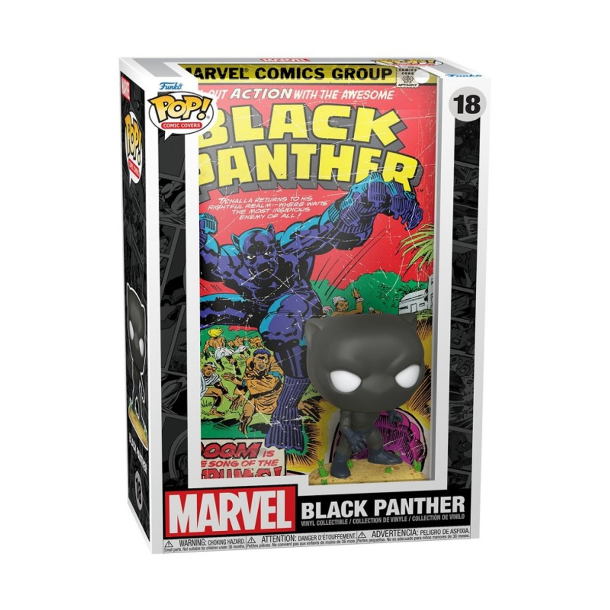 Pudełko Funko Pop z figurką Black Panther. Sztuka komiksowa w tle. Widoczne logo 'Marvel Comics Group'.