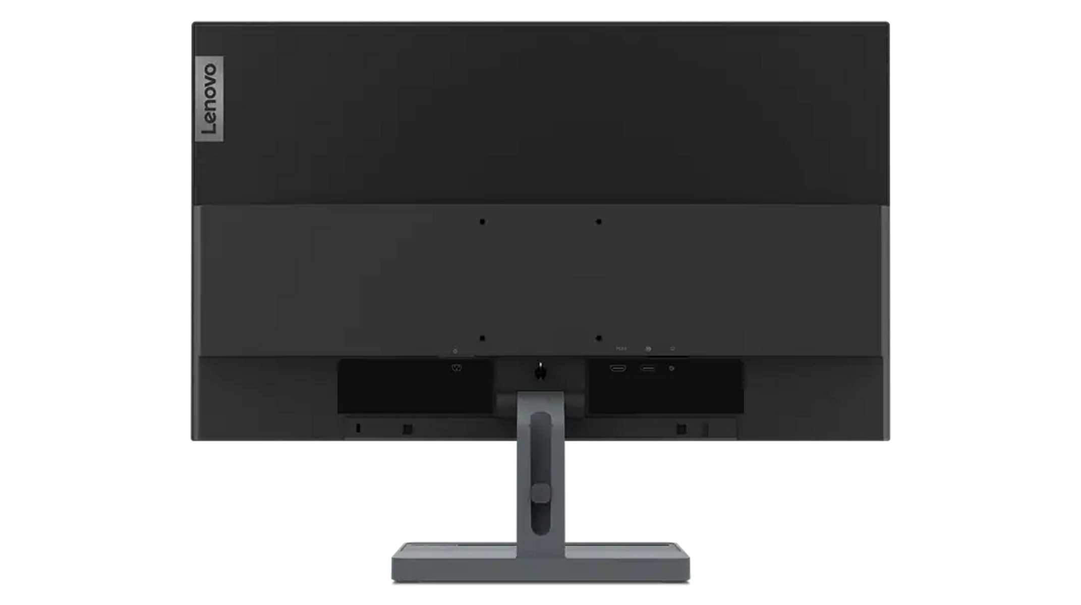 Parte trasera del monitor Lenovo negro con el logotipo de Lenovo y puertos visibles.
