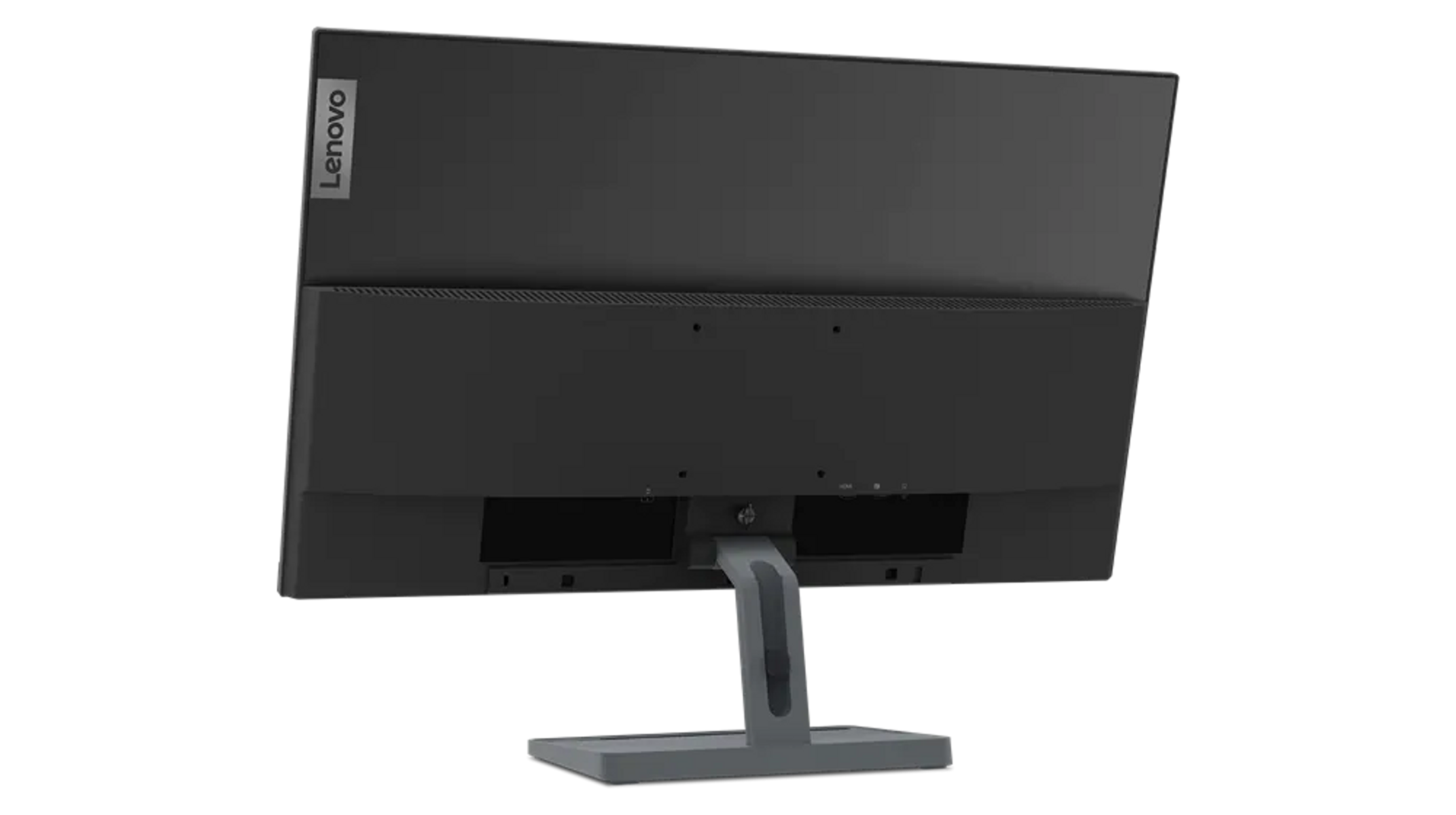 Vista trasera de un monitor de ordenador negro con el logotipo de Lenovo. El soporte es gris.